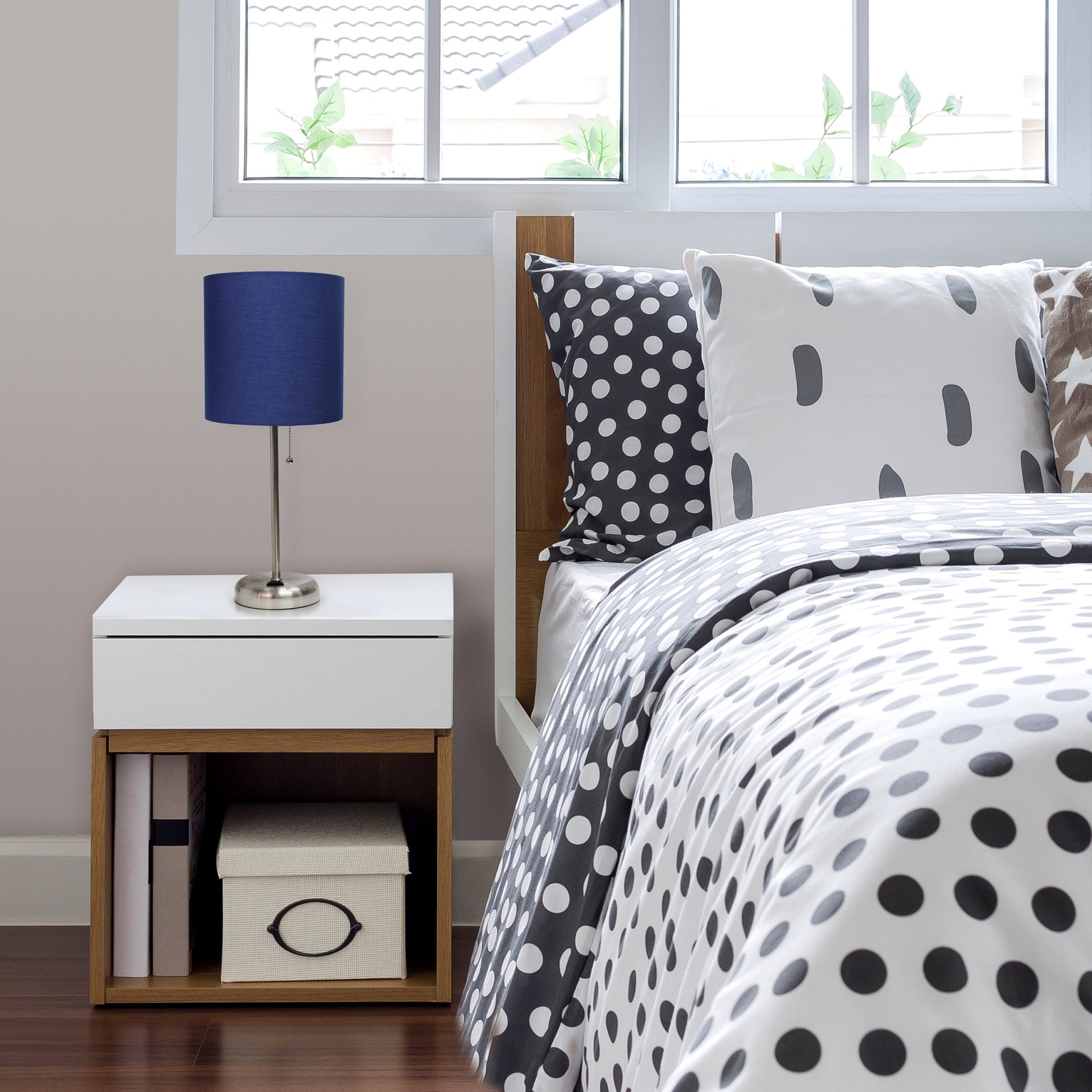 All The Rages LimeLights 2-Piece Navy Fabric Shade Brushed Steel Lamp With Charging Outlet