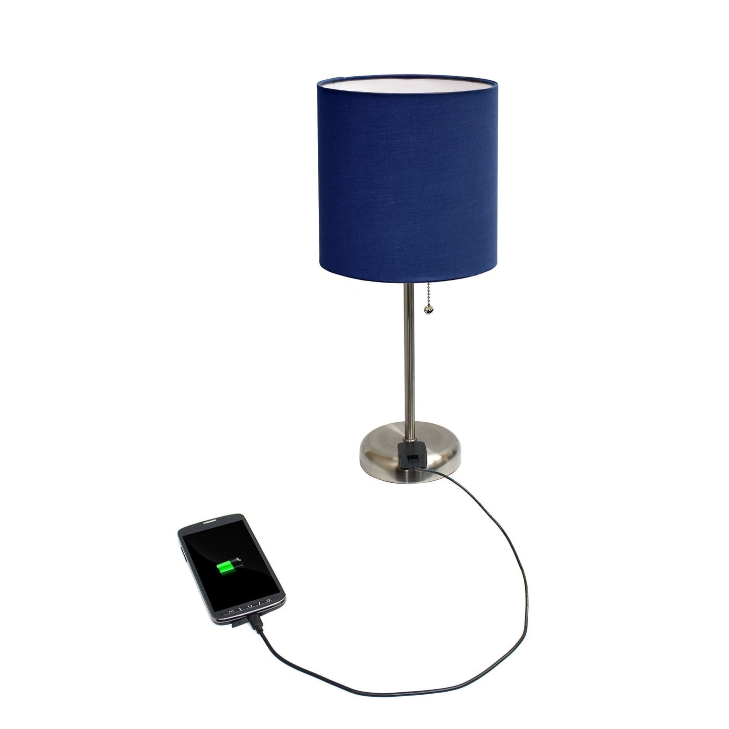 All The Rages LimeLights 2-Piece Navy Fabric Shade Brushed Steel Lamp With Charging Outlet
