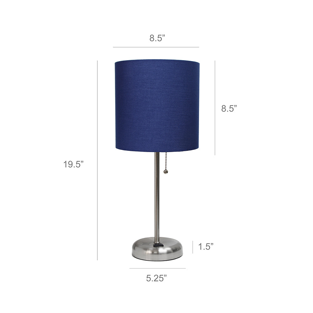 All The Rages LimeLights 2-Piece Navy Fabric Shade Brushed Steel Lamp With Charging Outlet