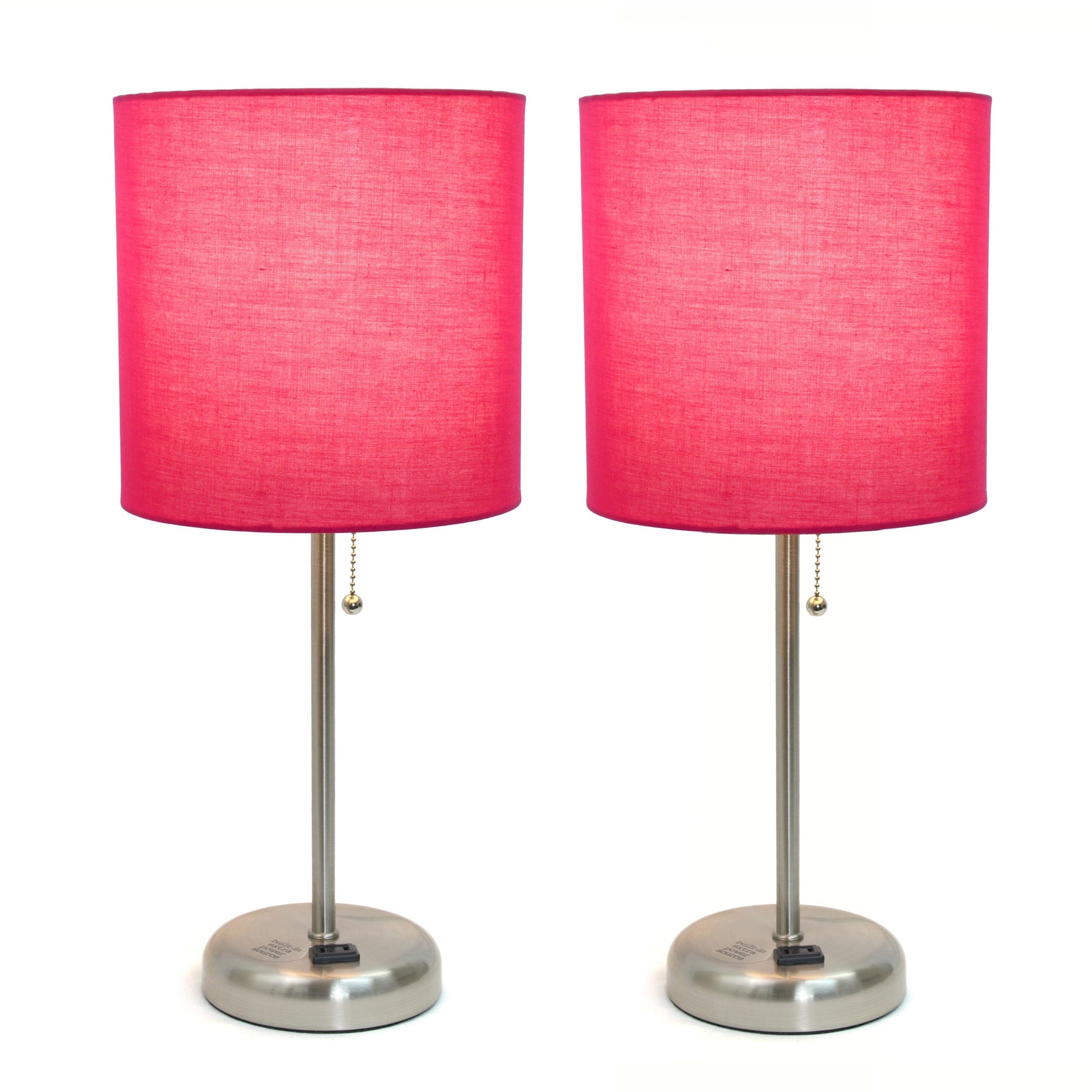 All The Rages LimeLights 2-Piece Pink Fabric Shade Brushed Steel Lamp With Charging Outlet