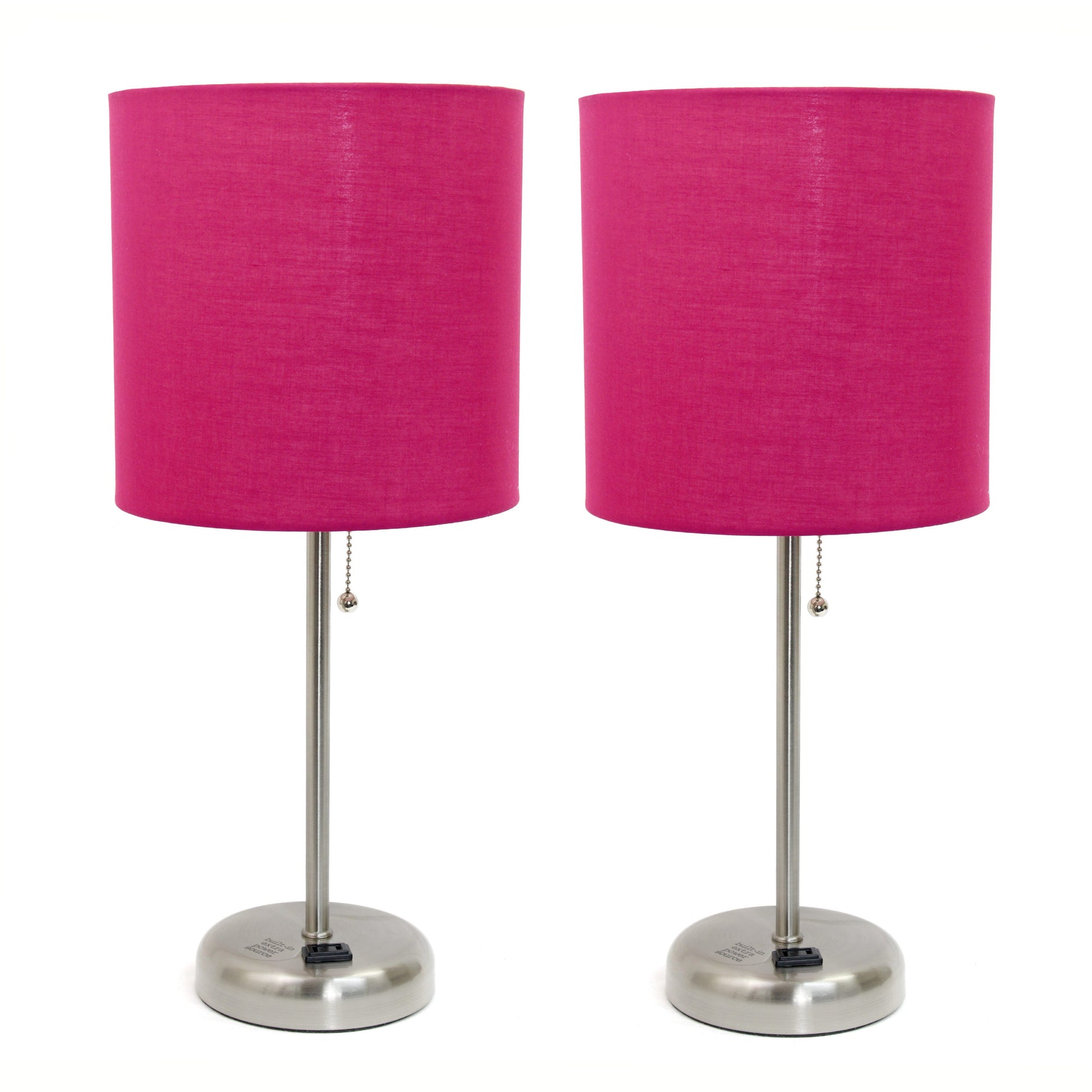 All The Rages LimeLights 2-Piece Pink Fabric Shade Brushed Steel Lamp With Charging Outlet