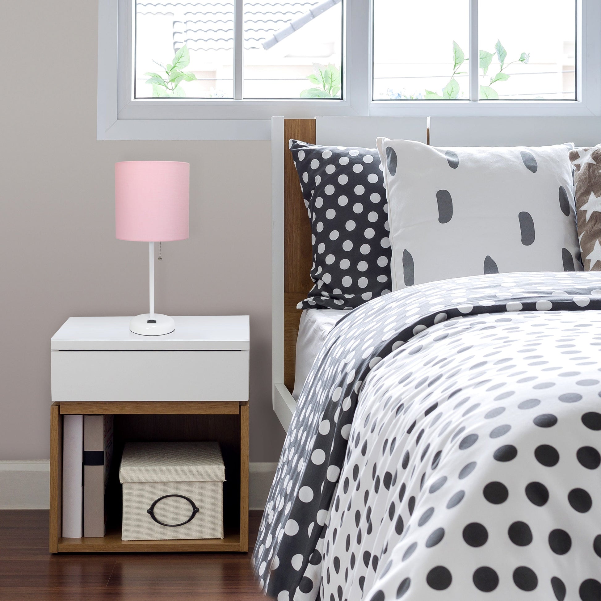 All The Rages LimeLights 2-Piece Pink Fabric Shade White Lamp With Charging Outlet