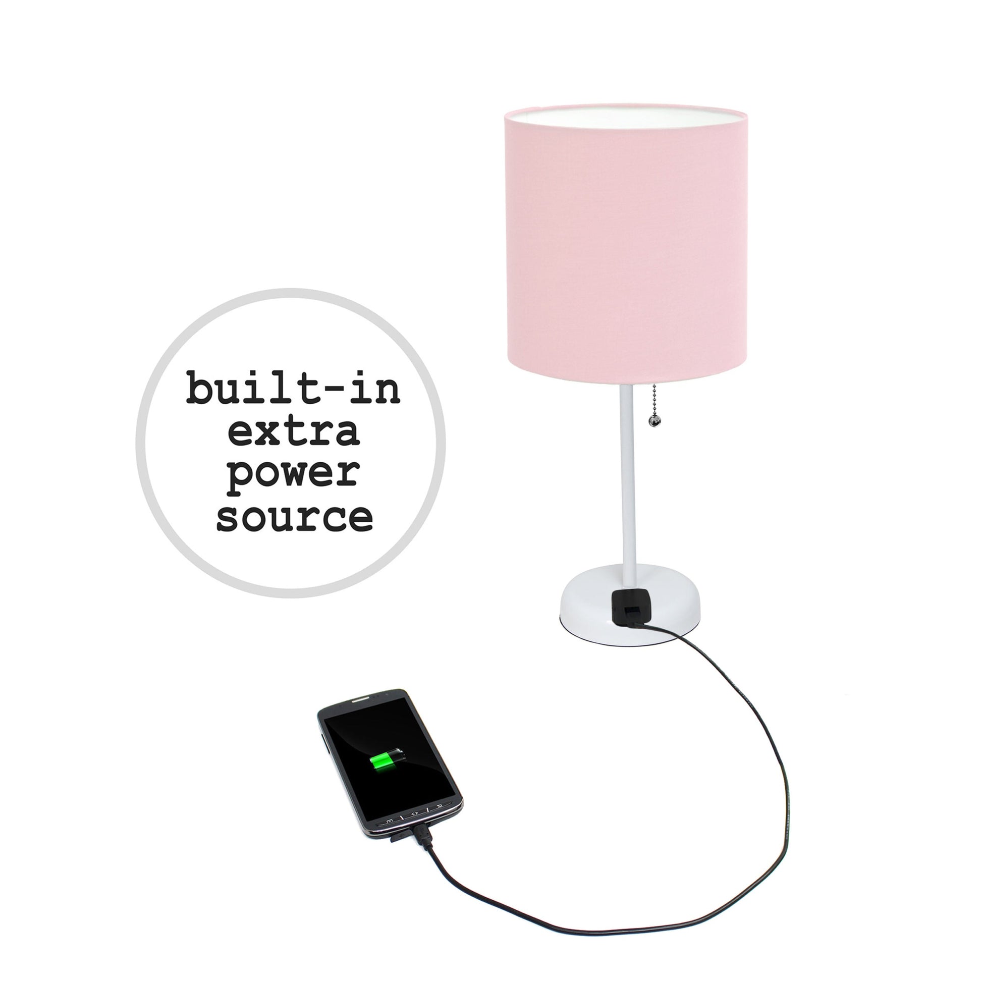 All The Rages LimeLights 2-Piece Pink Fabric Shade White Lamp With Charging Outlet