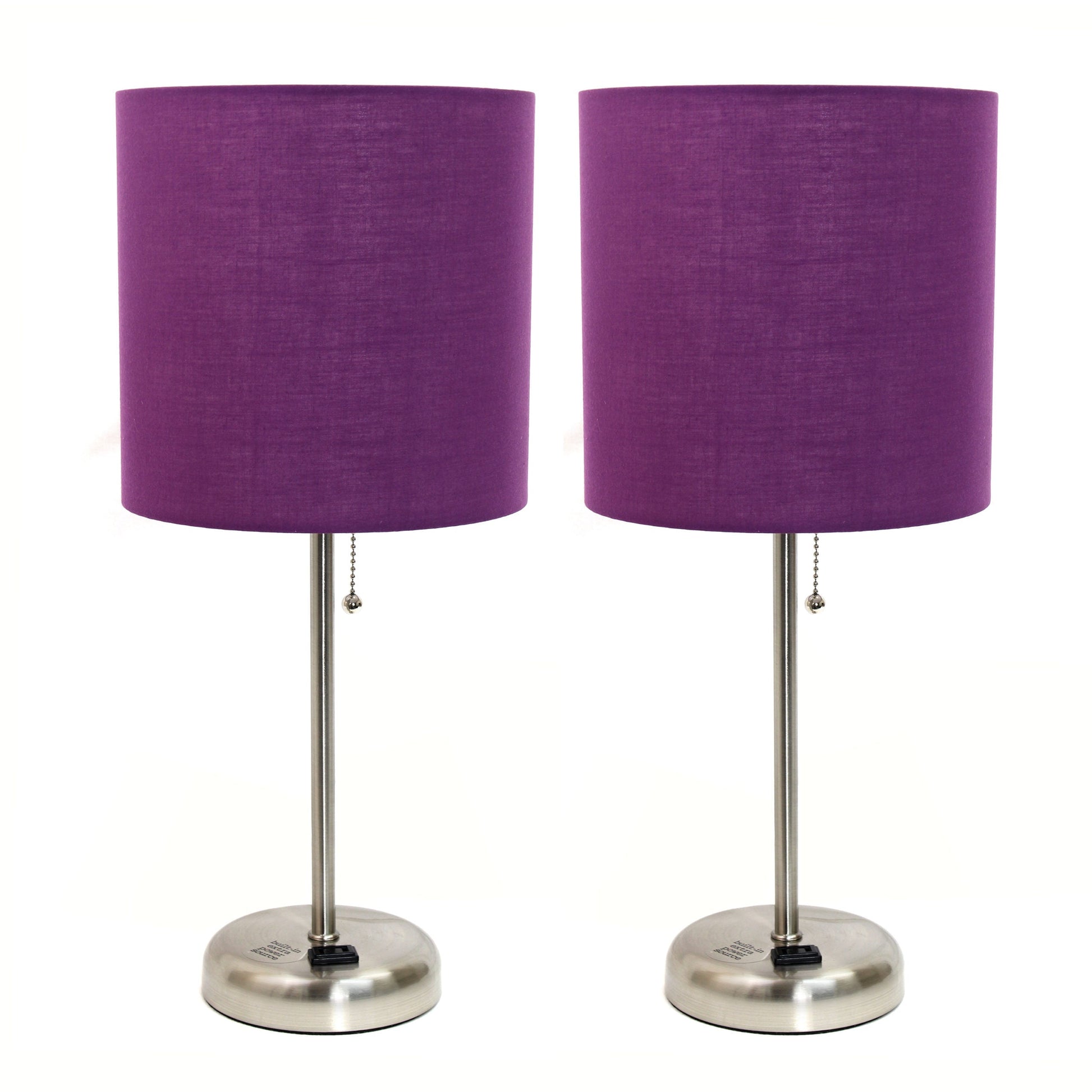All The Rages LimeLights 2-Piece Purple Fabric Shade Brushed Steel Lamp With Charging Outlet