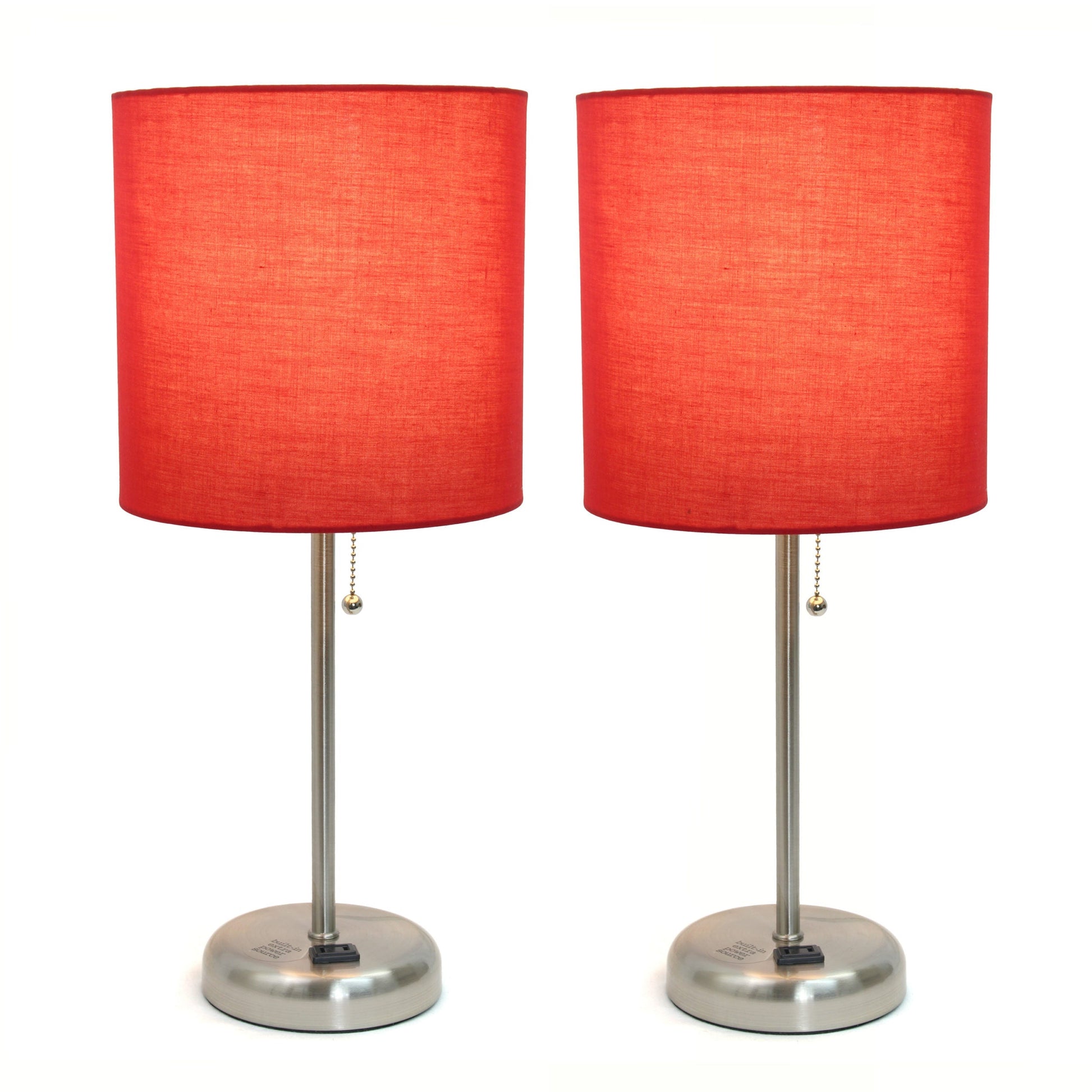 All The Rages LimeLights 2-Piece Red Fabric Shade Brushed Steel Lamp With Charging Outlet
