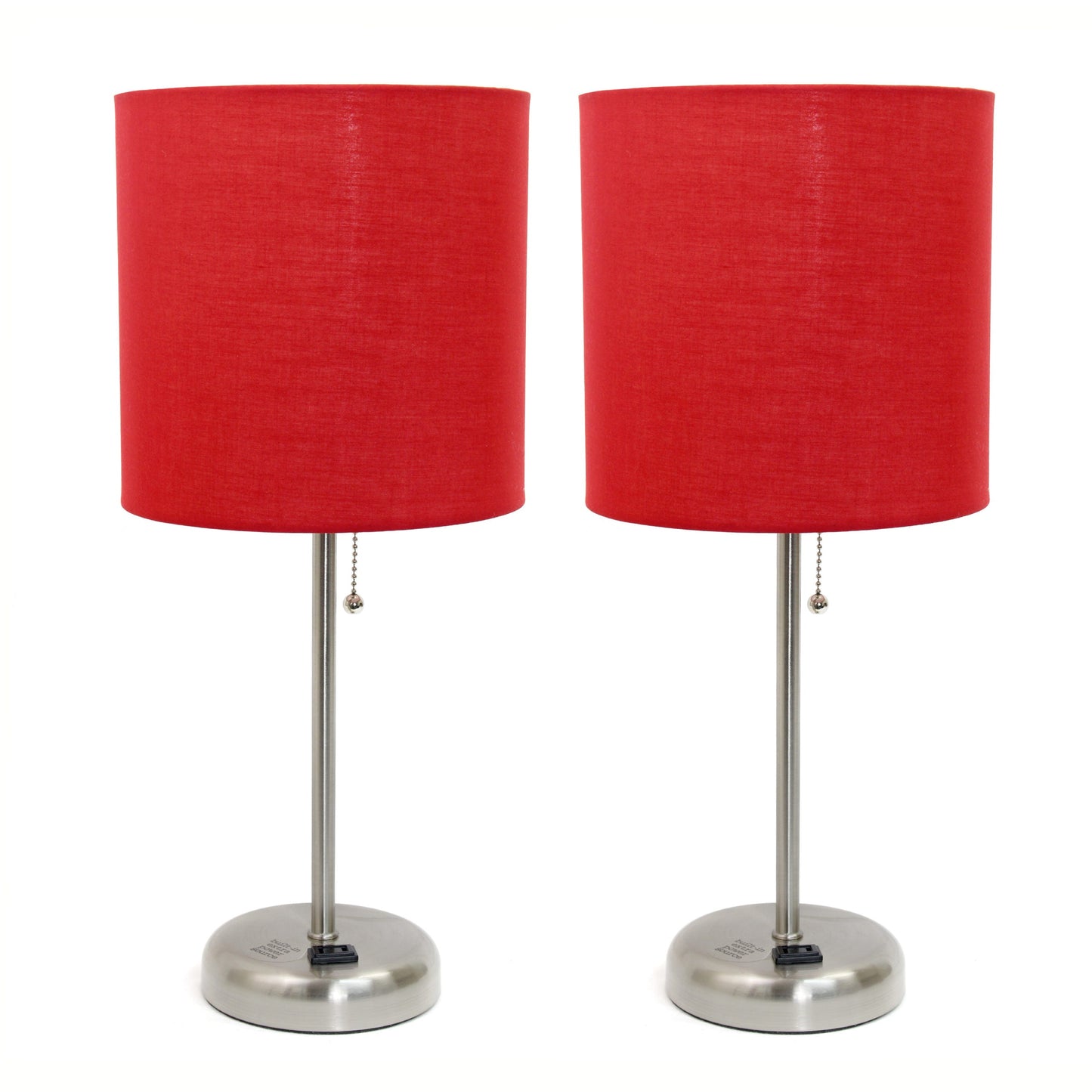 All The Rages LimeLights 2-Piece Red Fabric Shade Brushed Steel Lamp With Charging Outlet