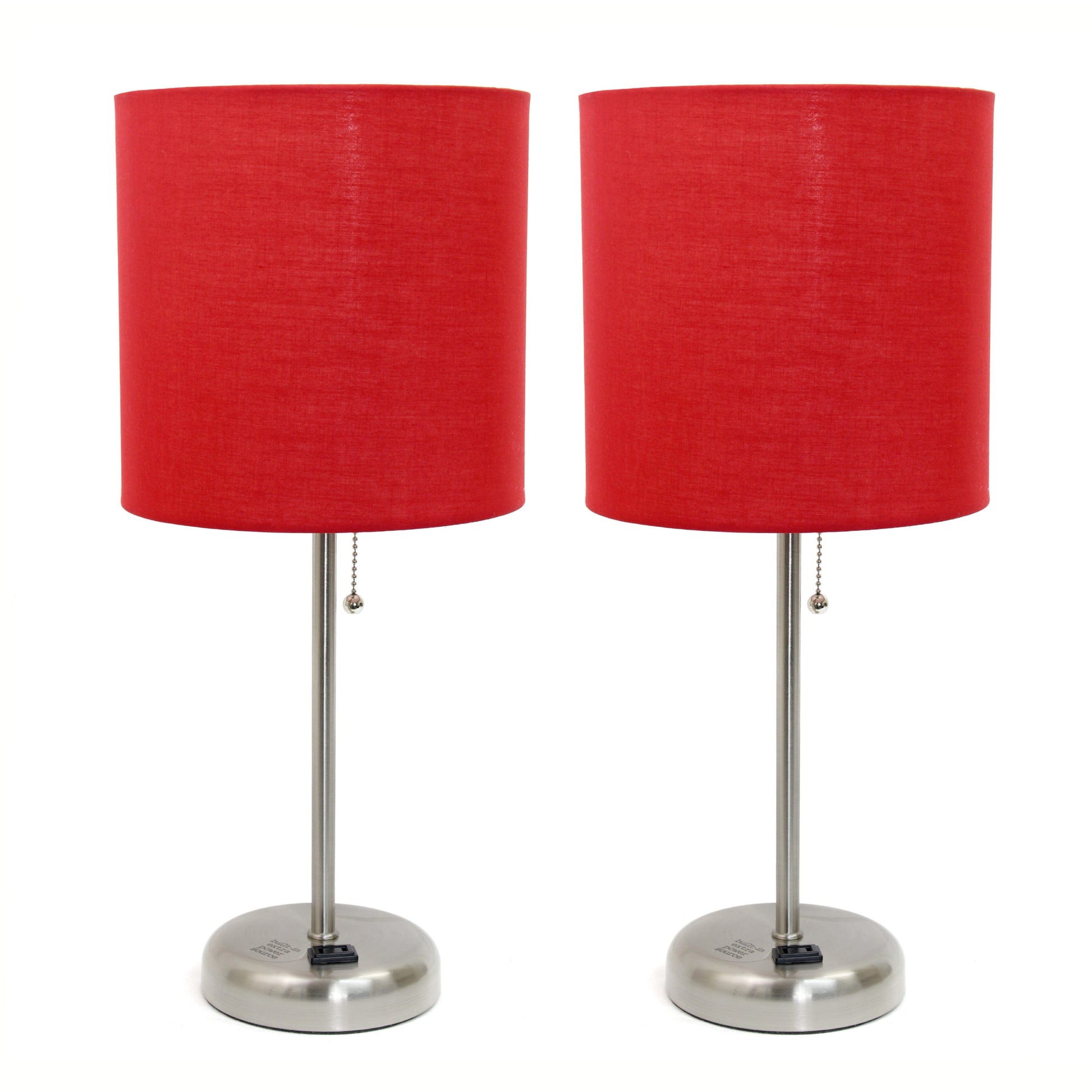 All The Rages LimeLights 2-Piece Red Fabric Shade Brushed Steel Lamp With Charging Outlet
