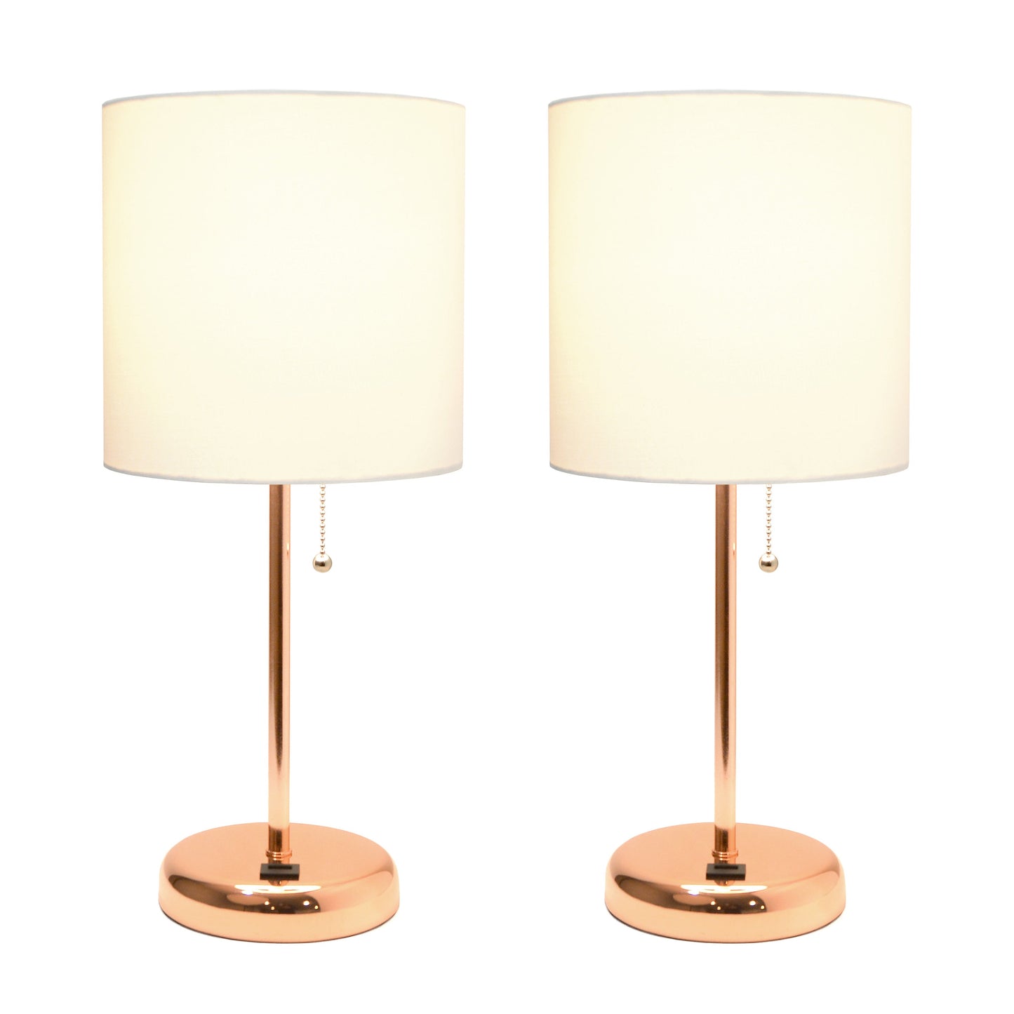 All The Rages LimeLights 2-Piece Rose Gold Stick Lamps With USB Charging Port & White Fabric Shades