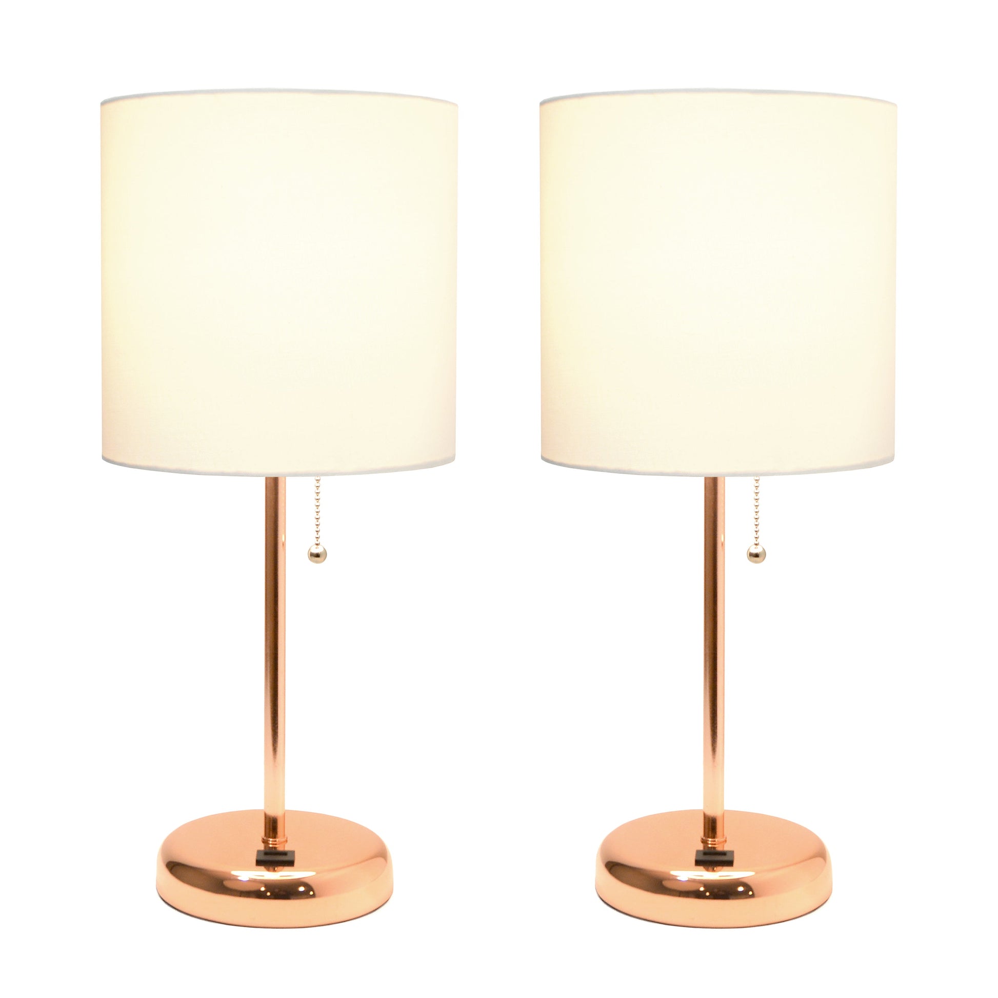 All The Rages LimeLights 2-Piece Rose Gold Stick Lamps With USB Charging Port & White Fabric Shades