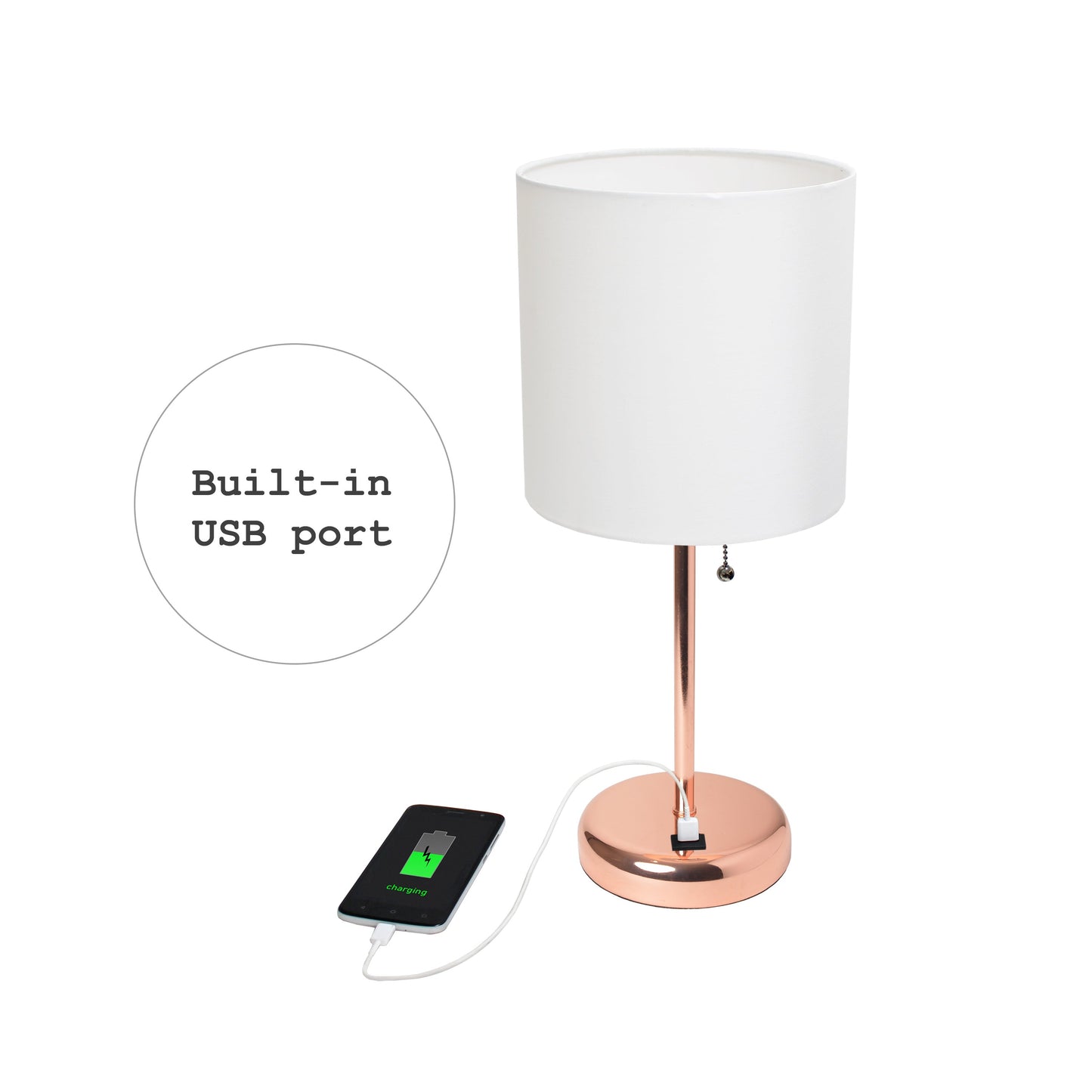 All The Rages LimeLights 2-Piece Rose Gold Stick Lamps With USB Charging Port & White Fabric Shades