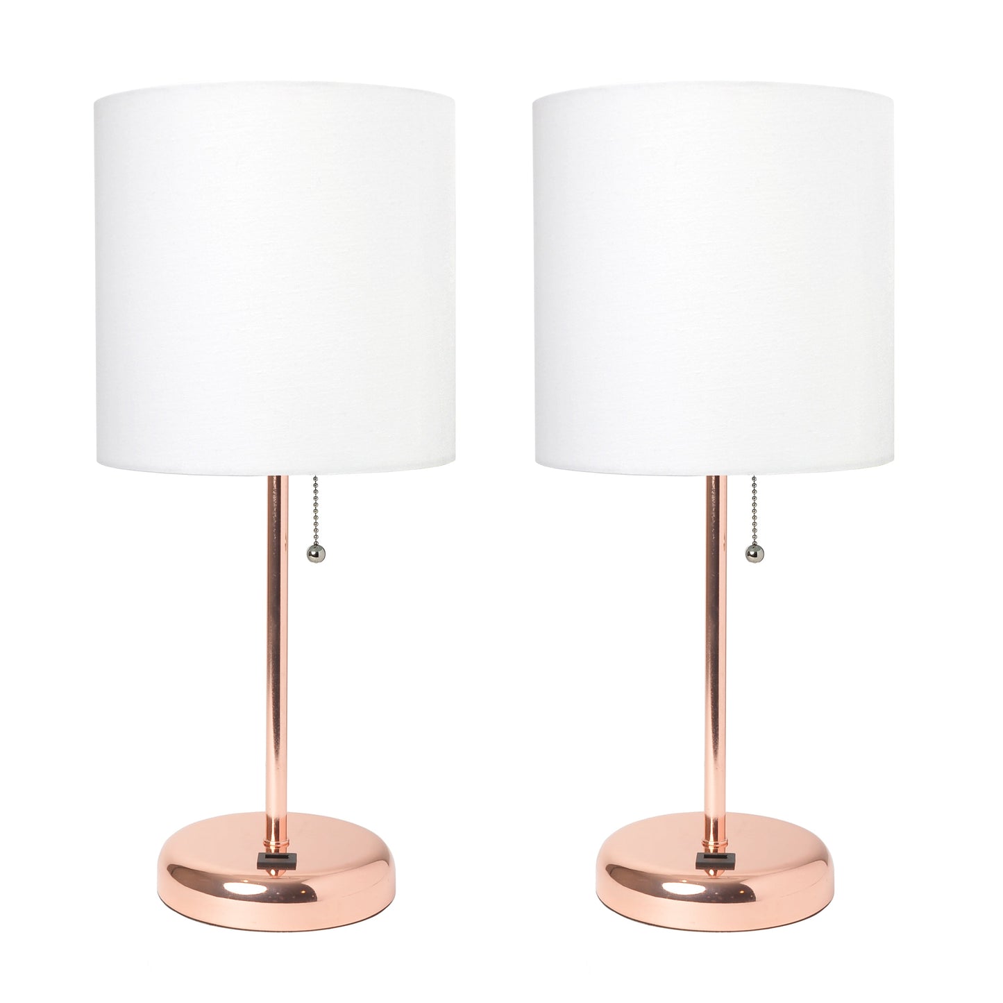 All The Rages LimeLights 2-Piece Rose Gold Stick Lamps With USB Charging Port & White Fabric Shades