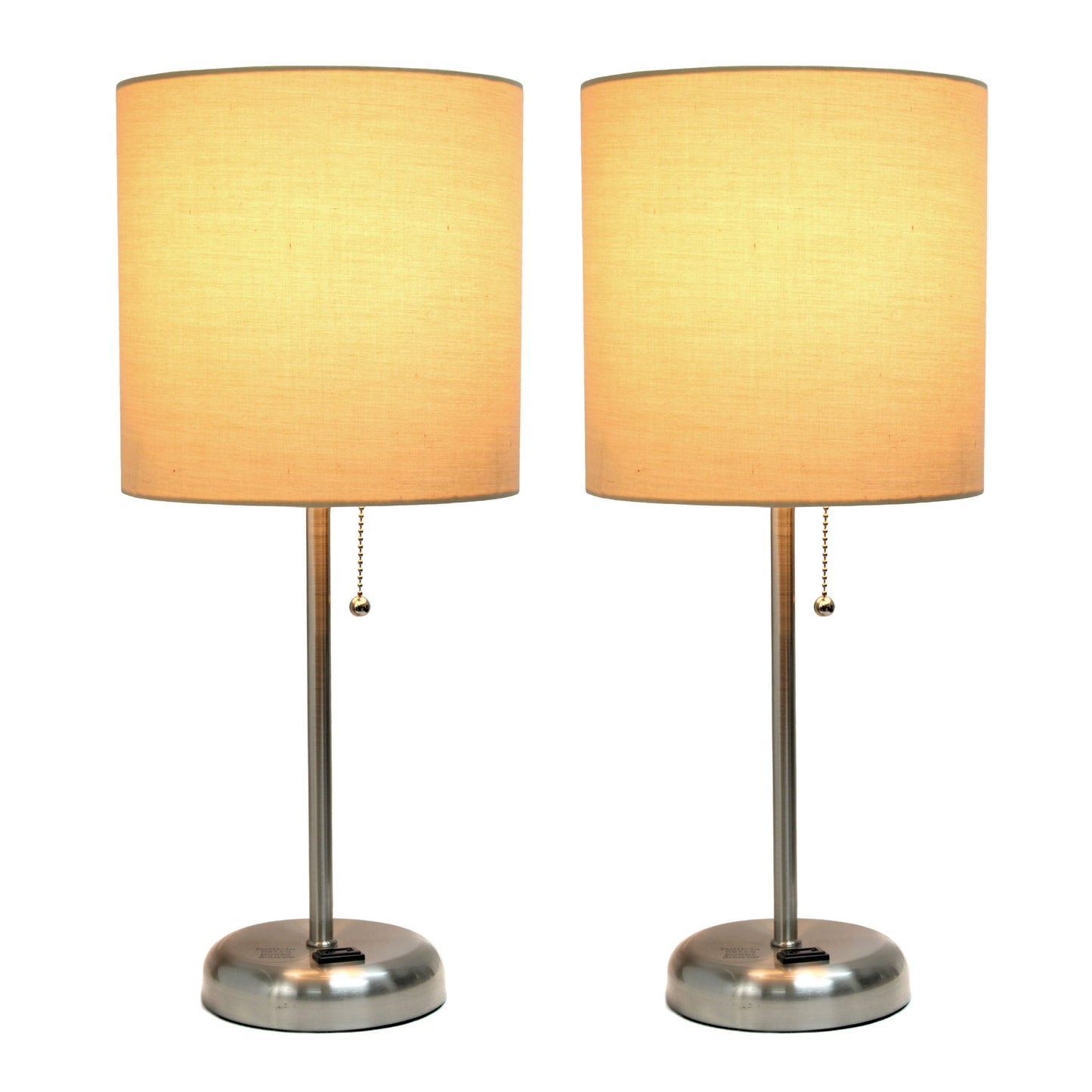 All The Rages LimeLights 2-Piece Tan Fabric Shade Brushed Steel Lamp With Charging Outlet