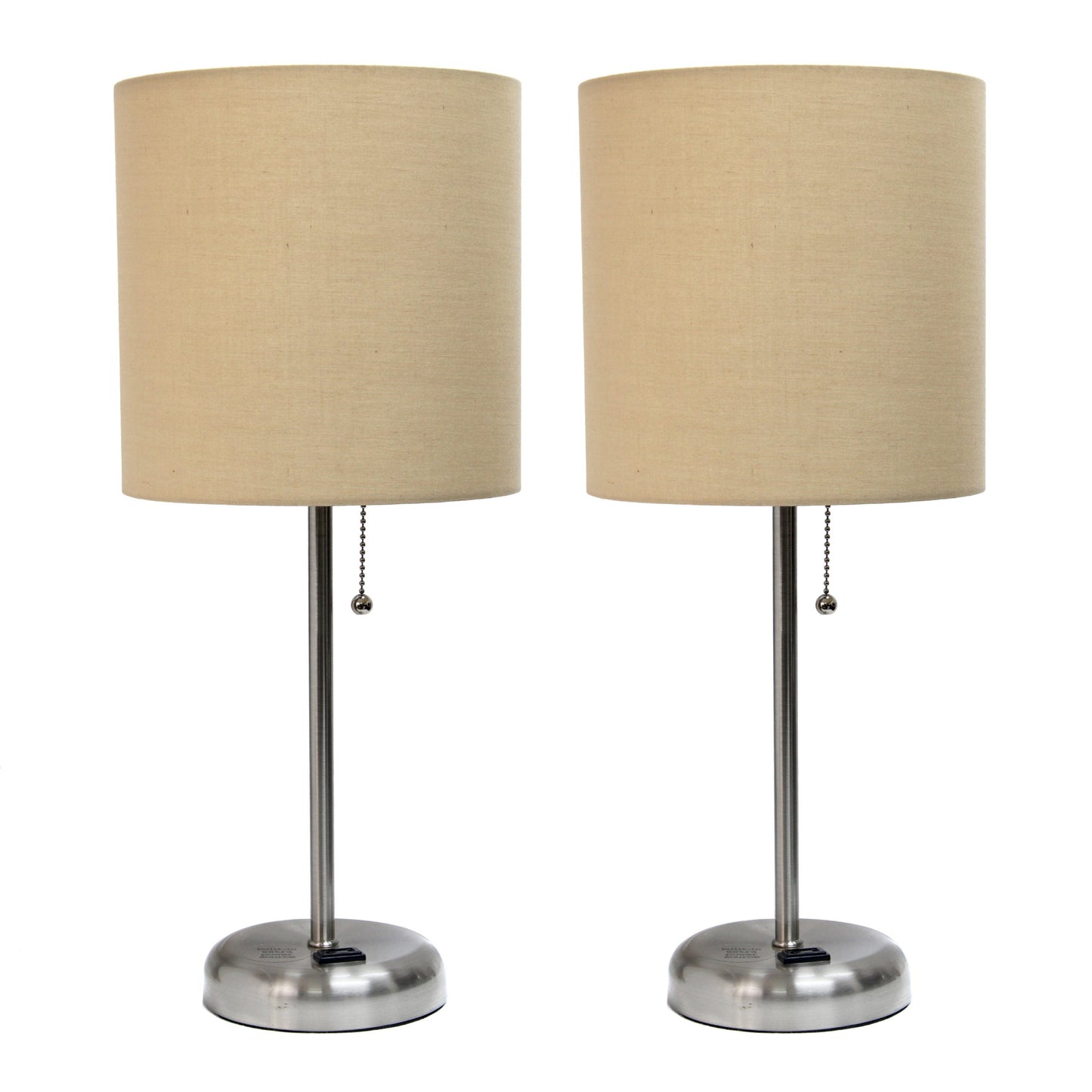 All The Rages LimeLights 2-Piece Tan Fabric Shade Brushed Steel Lamp With Charging Outlet