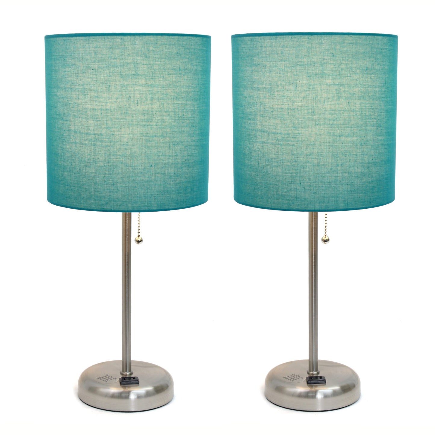 All The Rages LimeLights 2-Piece Teal Fabric Shade Brushed Steel Lamp With Charging Outlet
