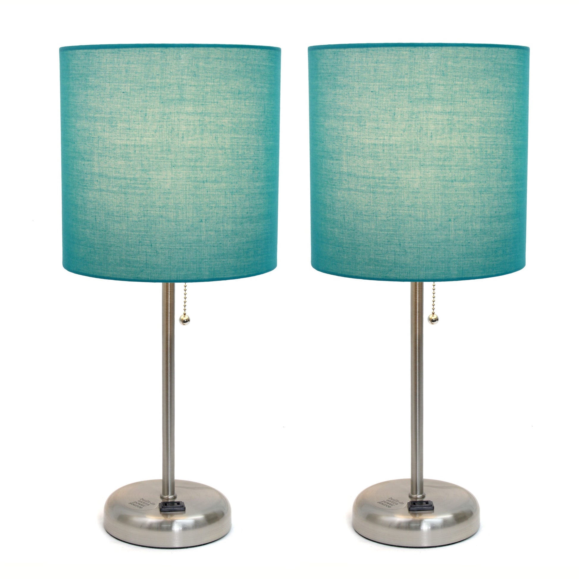 All The Rages LimeLights 2-Piece Teal Fabric Shade Brushed Steel Lamp With Charging Outlet