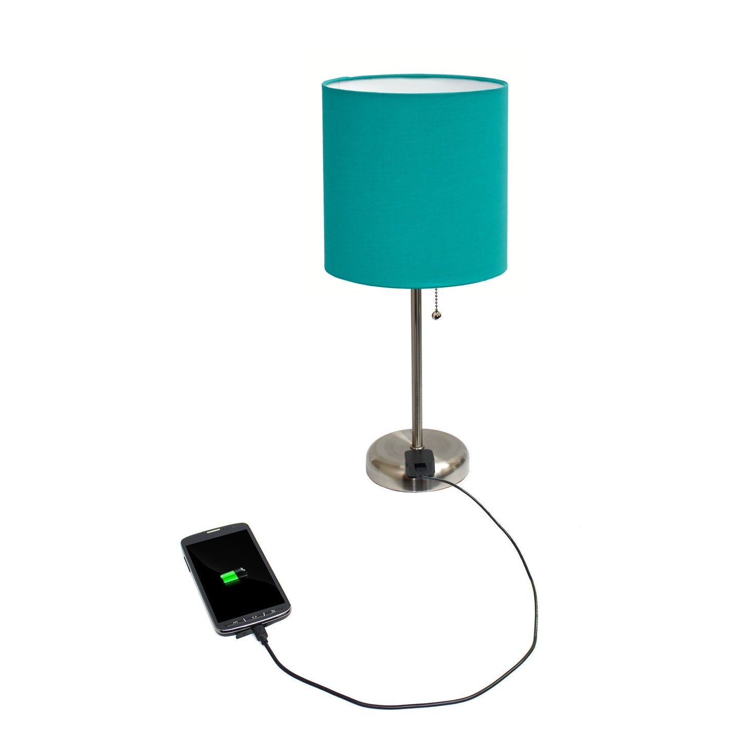 All The Rages LimeLights 2-Piece Teal Fabric Shade Brushed Steel Lamp With Charging Outlet