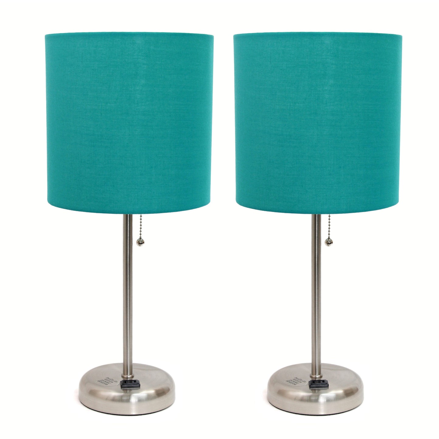 All The Rages LimeLights 2-Piece Teal Fabric Shade Brushed Steel Lamp With Charging Outlet