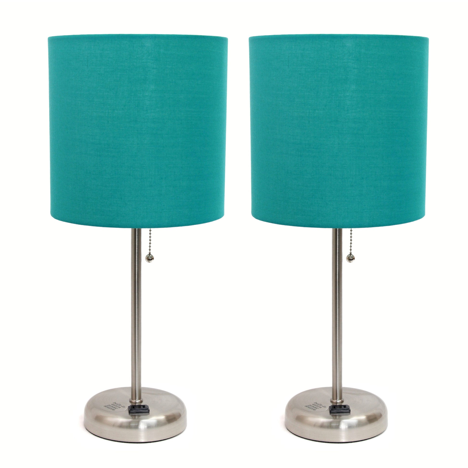 All The Rages LimeLights 2-Piece Teal Fabric Shade Brushed Steel Lamp With Charging Outlet