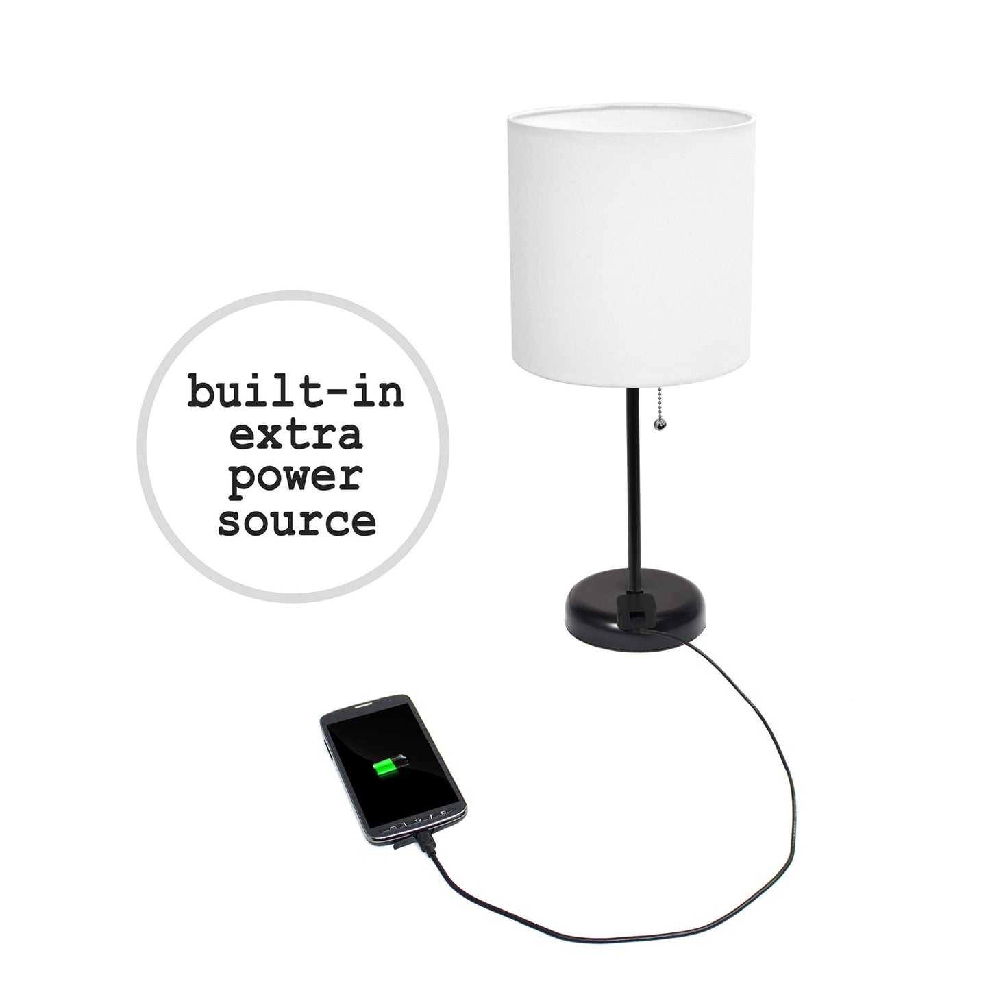 All The Rages LimeLights 2-Piece White Fabric Shade Black Lamp With Charging Outlet