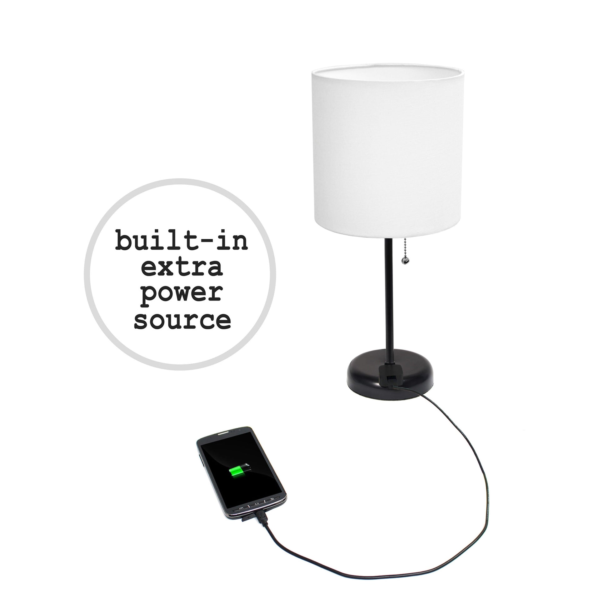 All The Rages LimeLights 2-Piece White Fabric Shade Black Lamp With Charging Outlet
