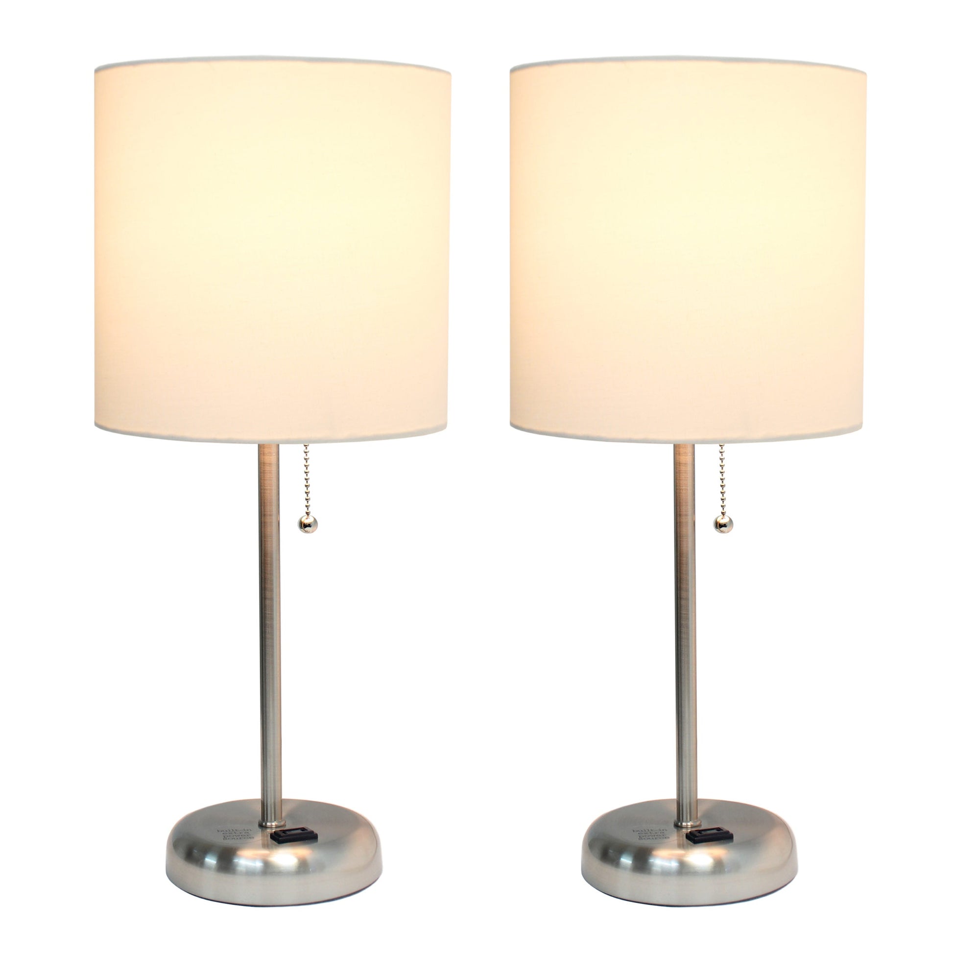 All The Rages LimeLights 2-Piece White Fabric Shade Brushed Steel Lamp With Charging Outlet