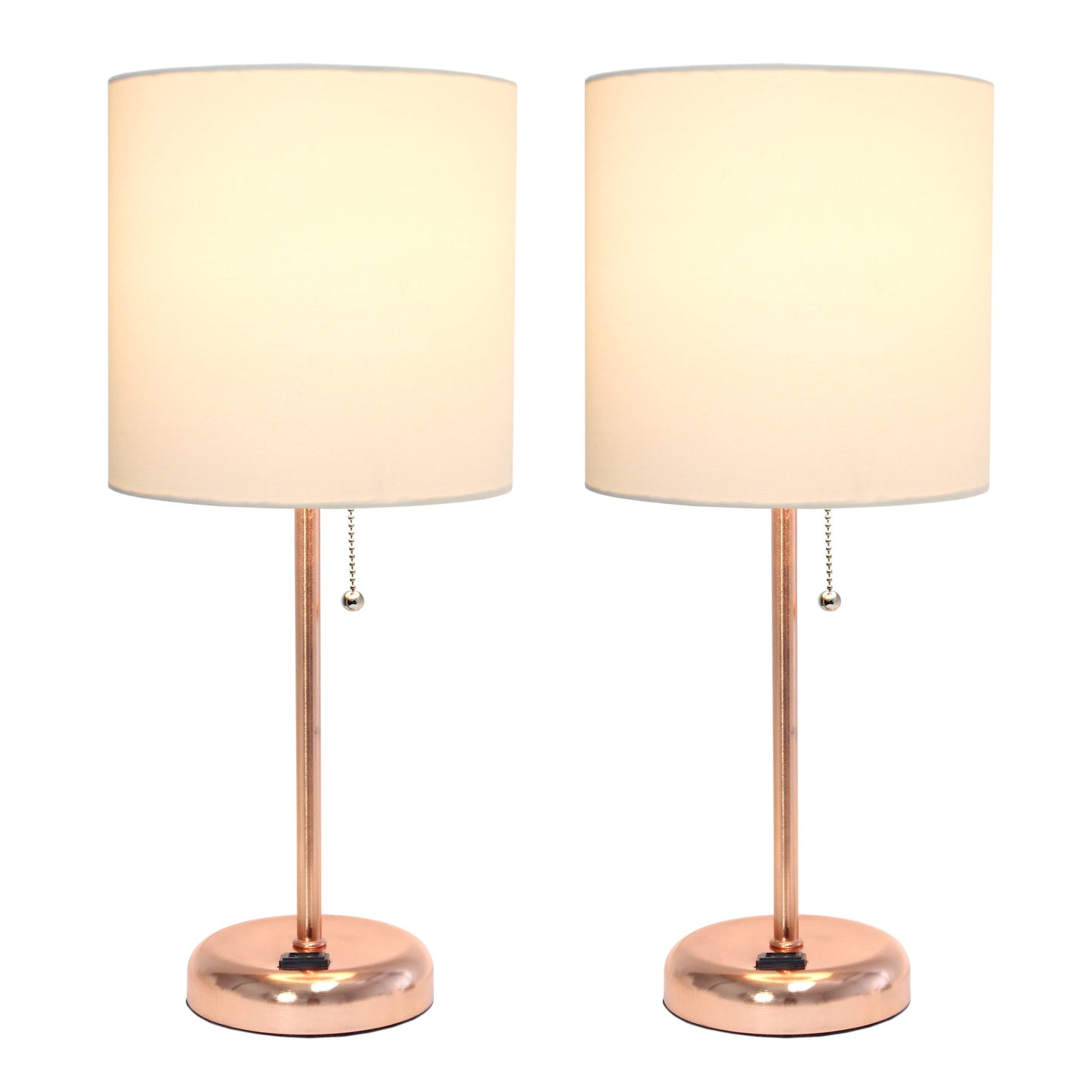 All The Rages LimeLights 2-Piece White Fabric Shade Rose Gold Lamp With Charging Outlet