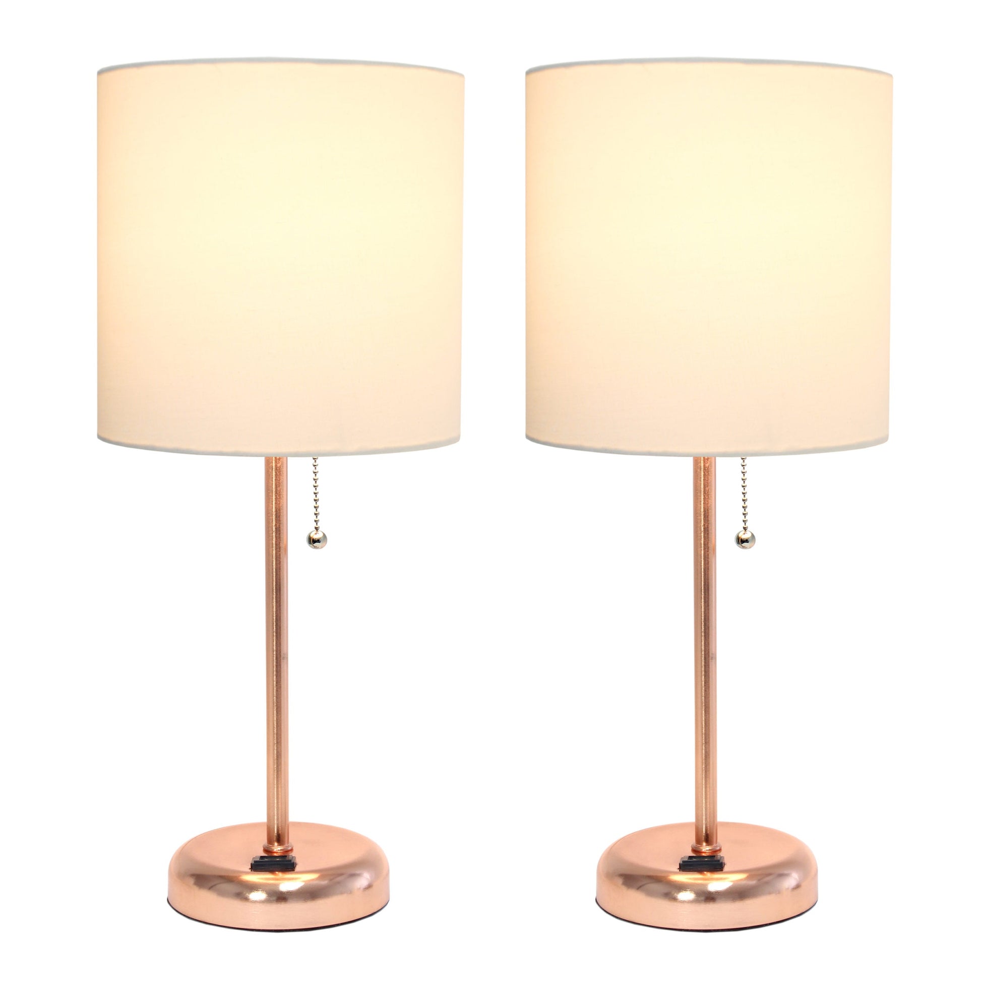All The Rages LimeLights 2-Piece White Fabric Shade Rose Gold Lamp With Charging Outlet