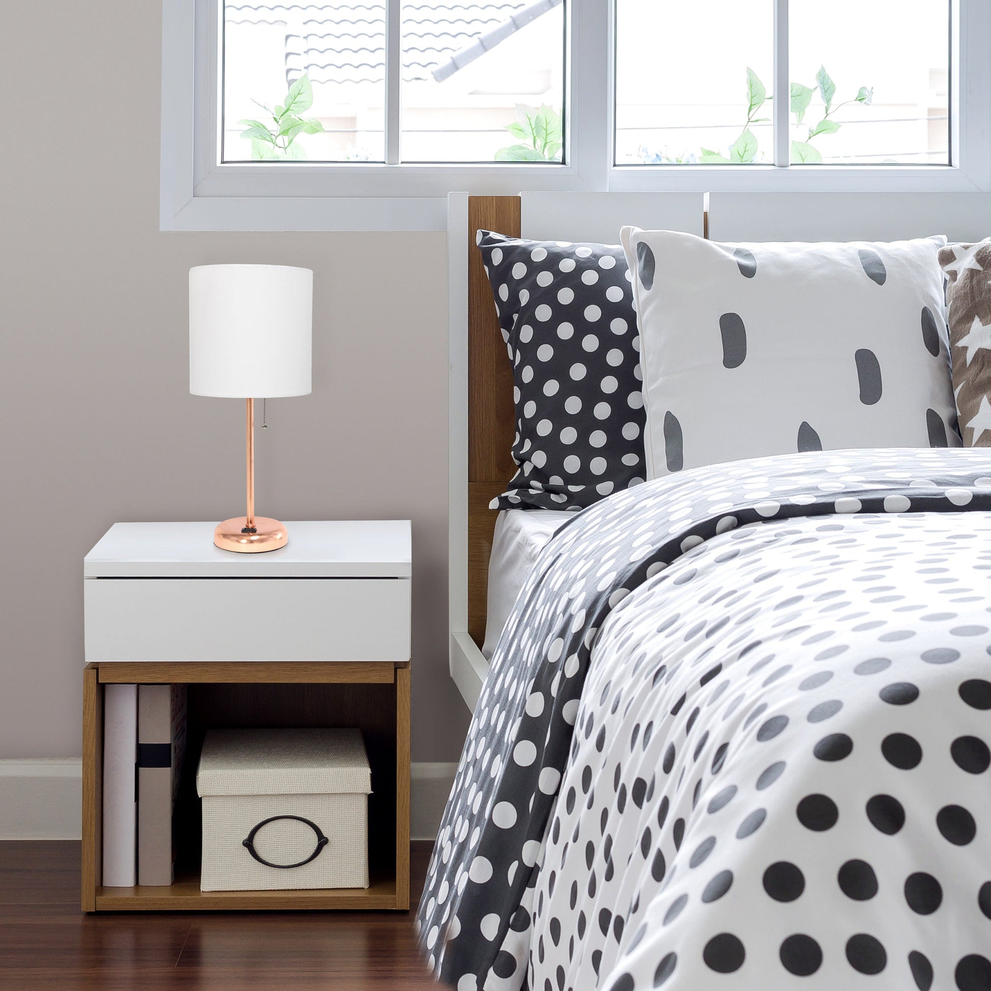 All The Rages LimeLights 2-Piece White Fabric Shade Rose Gold Lamp With Charging Outlet