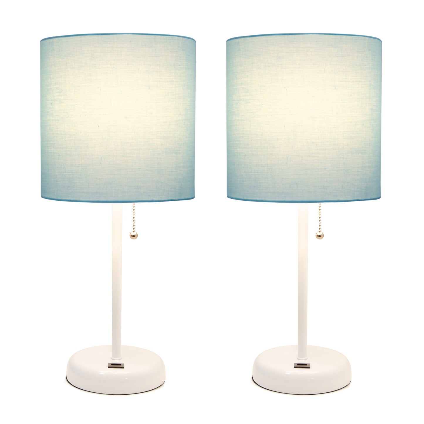 All The Rages LimeLights 2-Piece White Stick Lamps With USB Charging Port & Aqua Fabric Shades