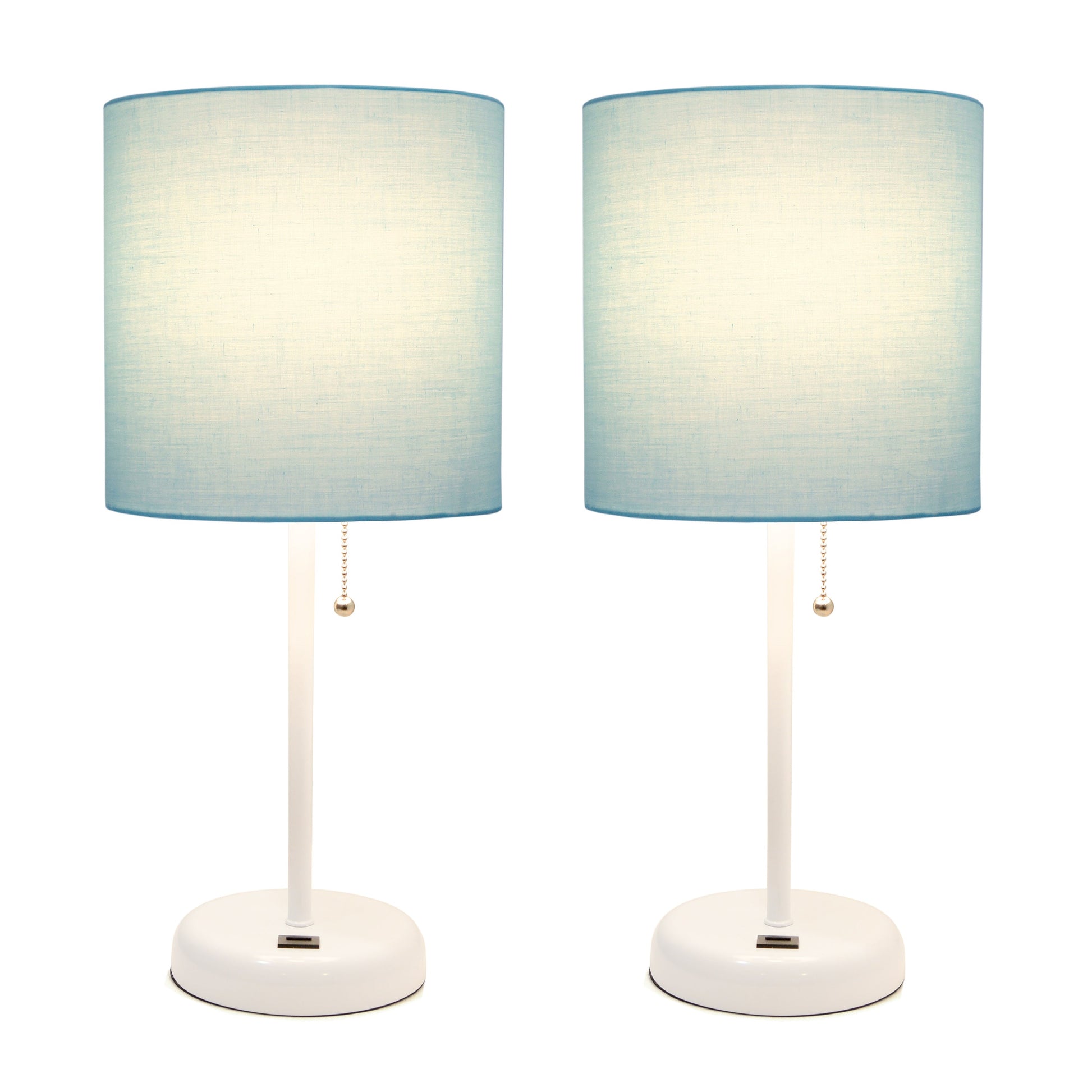 All The Rages LimeLights 2-Piece White Stick Lamps With USB Charging Port & Aqua Fabric Shades
