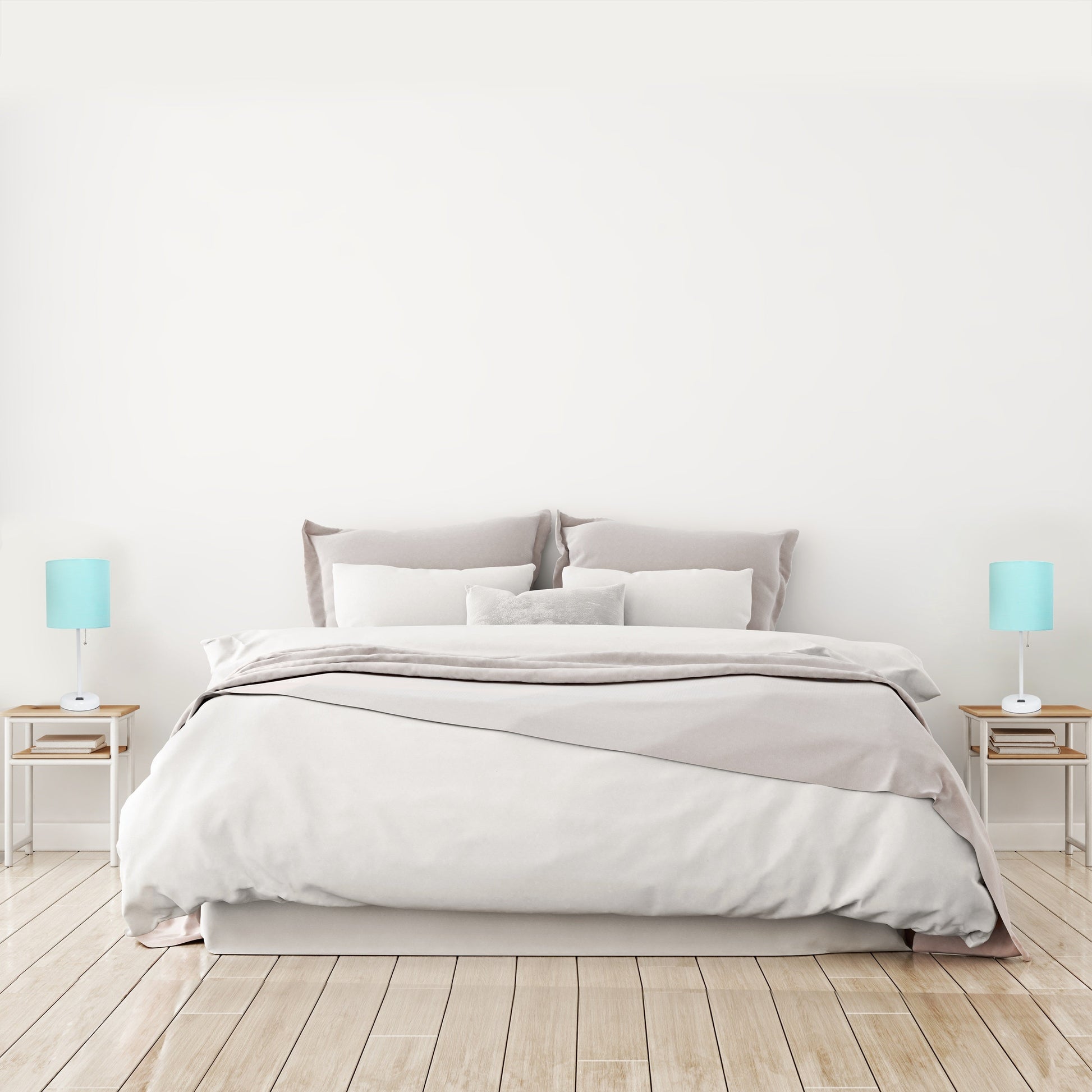 All The Rages LimeLights 2-Piece White Stick Lamps With USB Charging Port & Aqua Fabric Shades