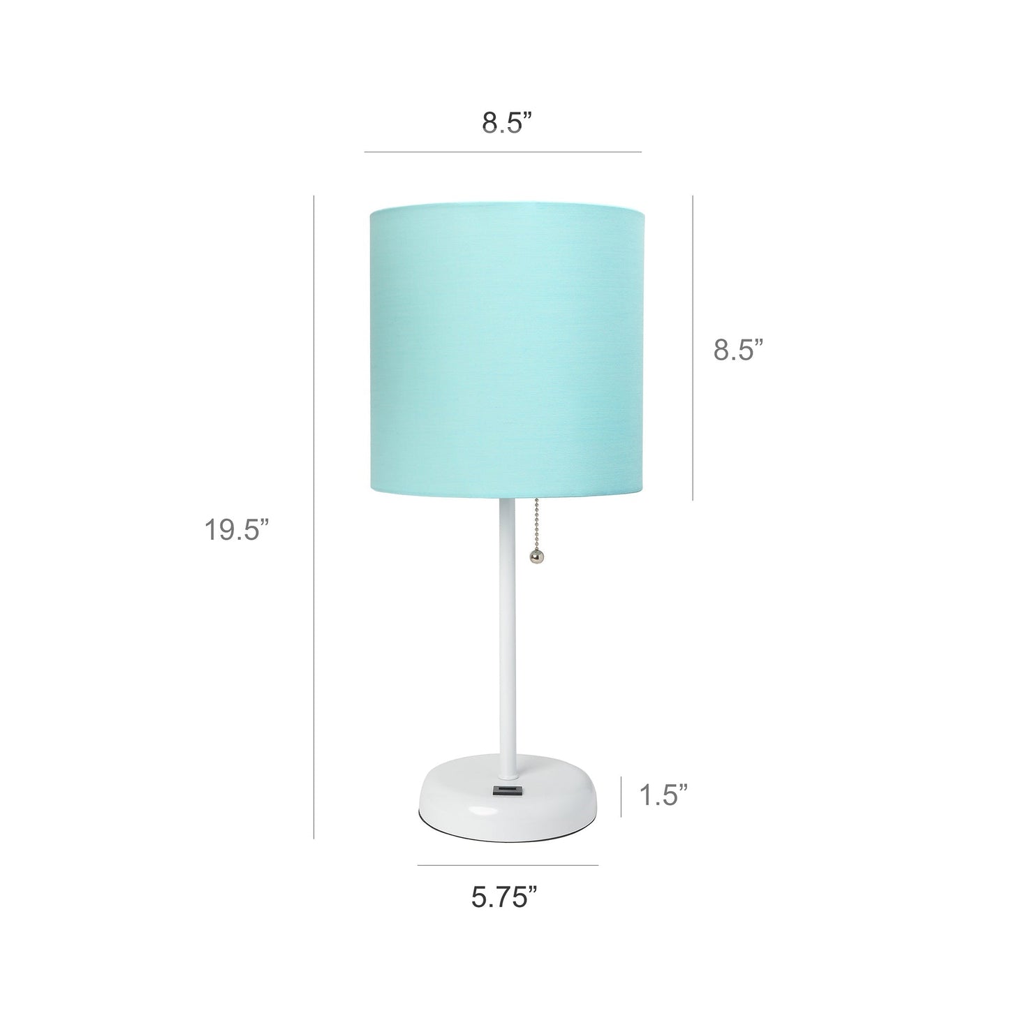 All The Rages LimeLights 2-Piece White Stick Lamps With USB Charging Port & Aqua Fabric Shades