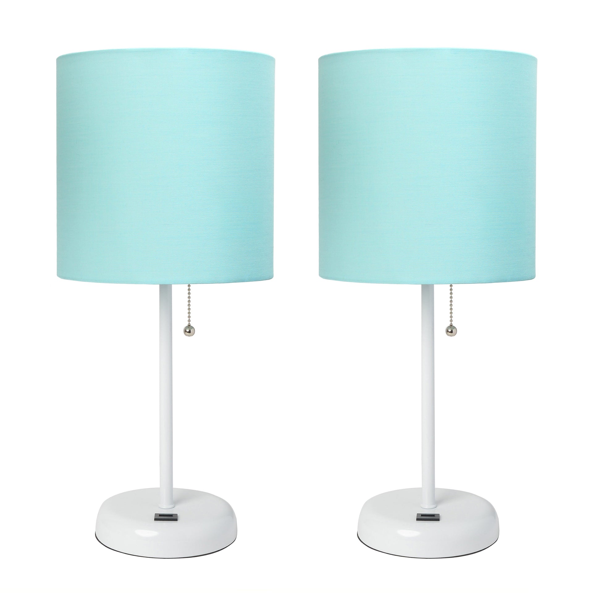 All The Rages LimeLights 2-Piece White Stick Lamps With USB Charging Port & Aqua Fabric Shades