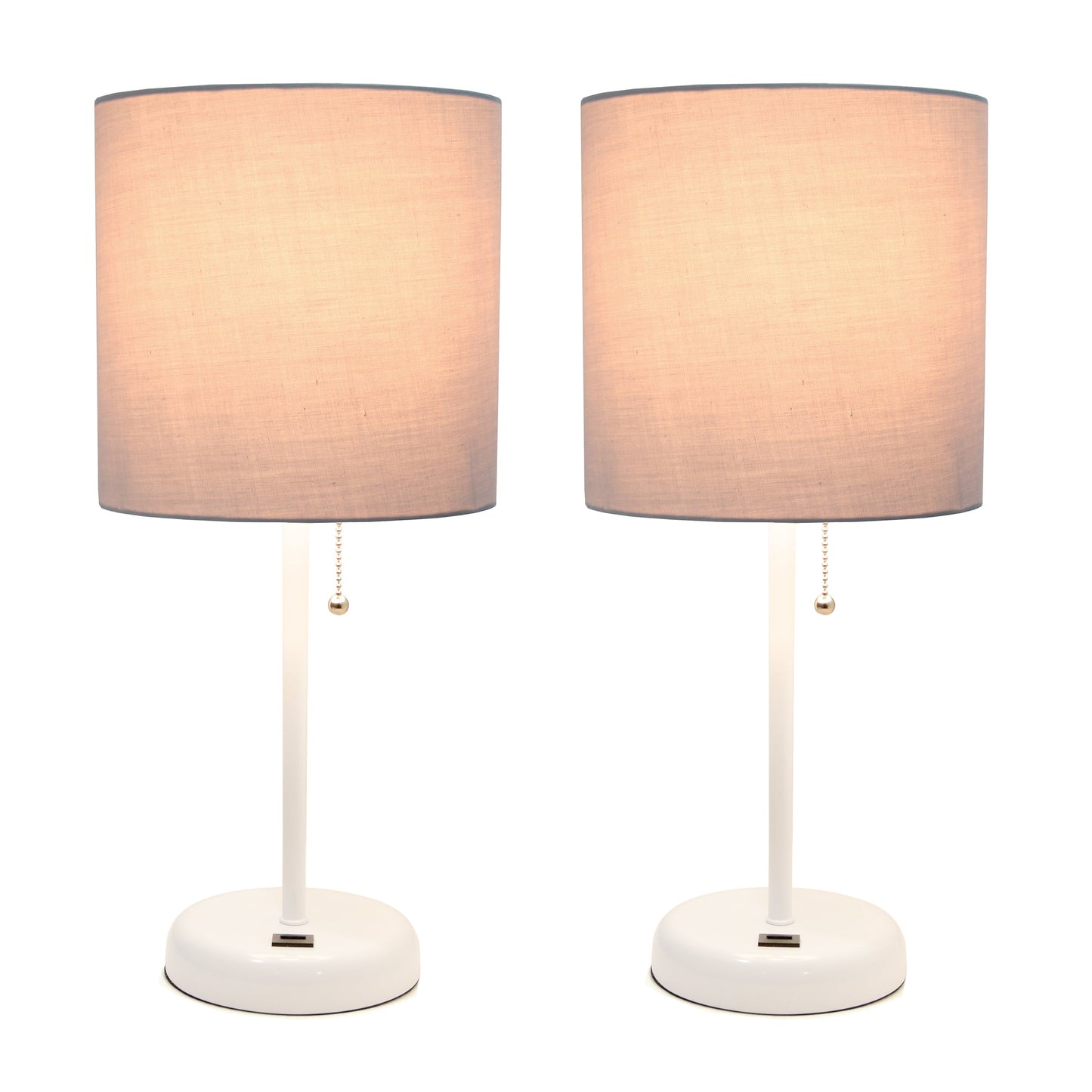 All The Rages LimeLights 2-Piece White Stick Lamps With USB Charging Port & Gray Fabric Shades
