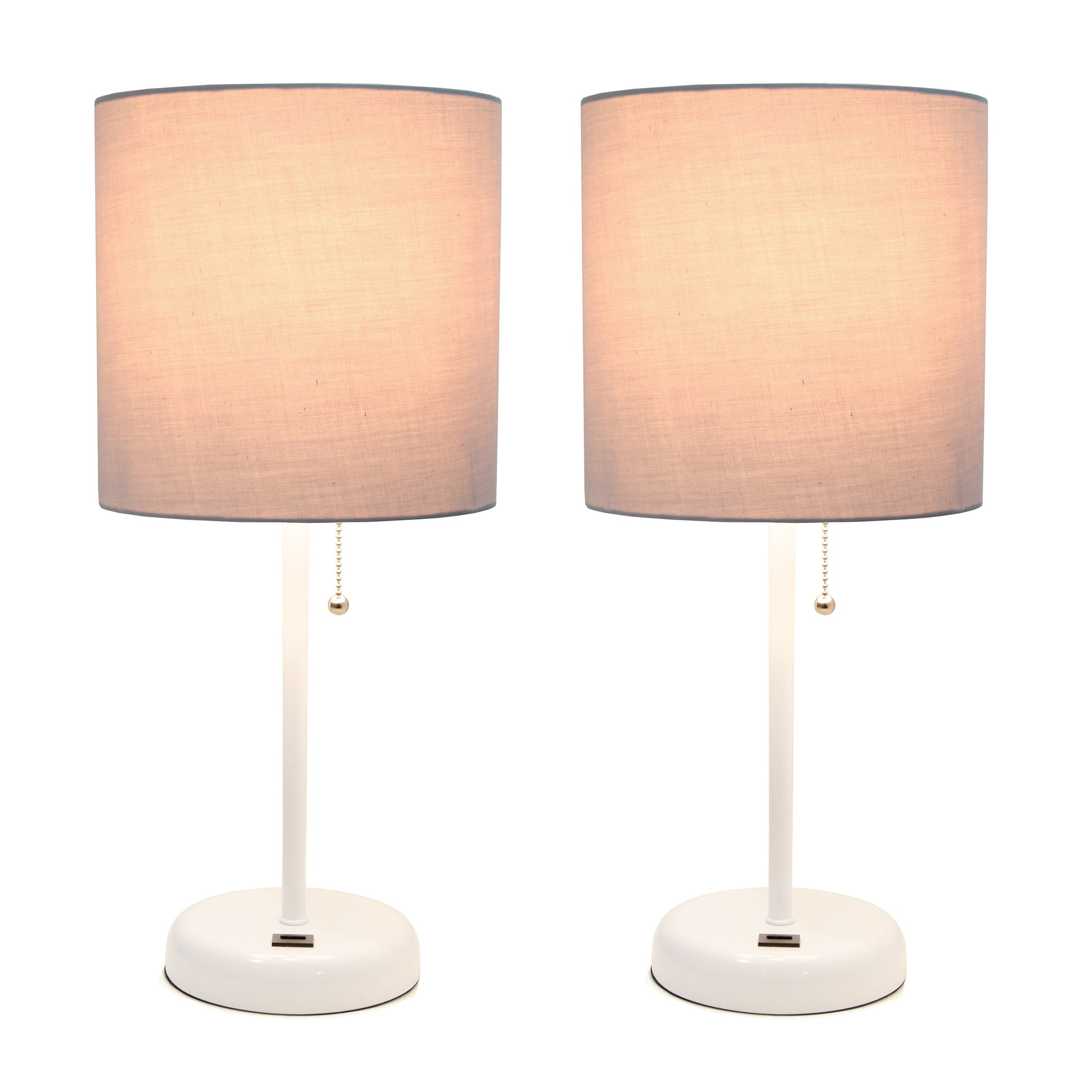 All The Rages LimeLights 2-Piece White Stick Lamps With USB Charging Port & Gray Fabric Shades