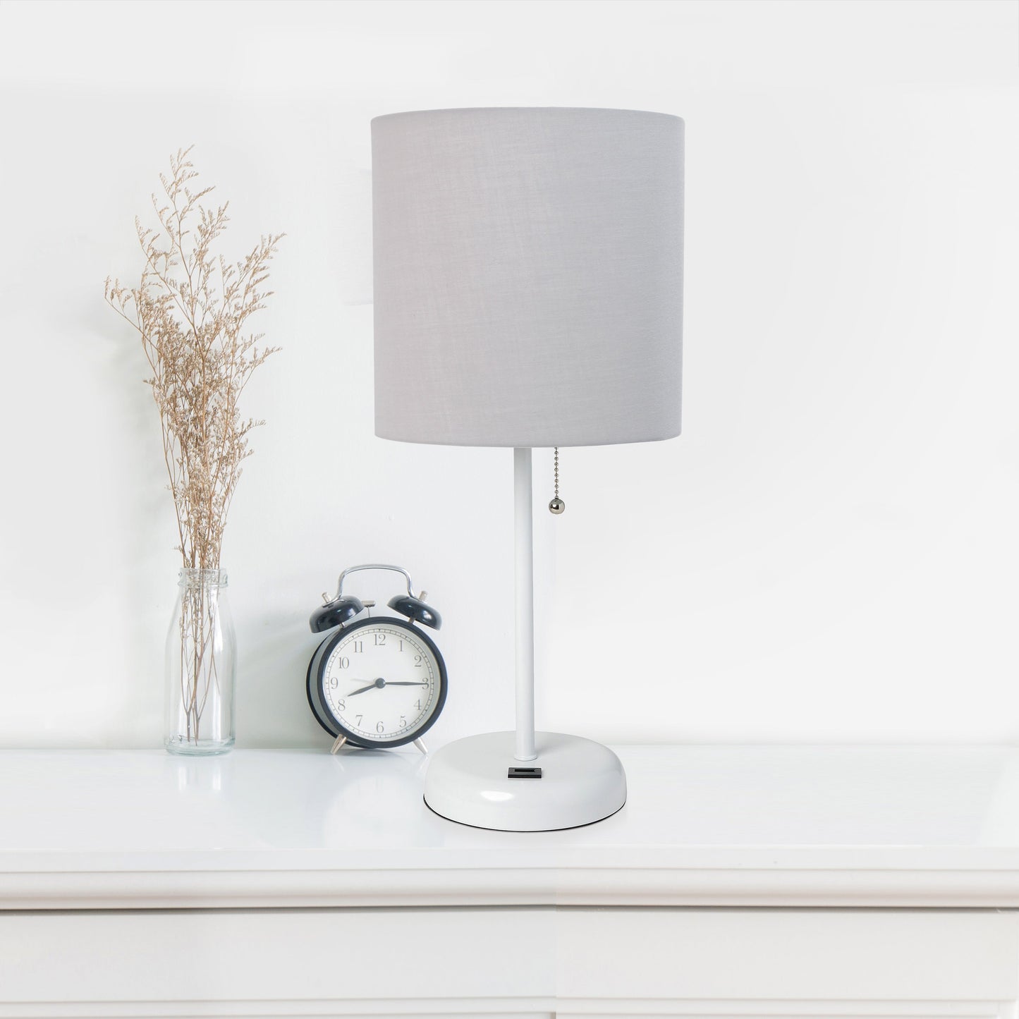 All The Rages LimeLights 2-Piece White Stick Lamps With USB Charging Port & Gray Fabric Shades