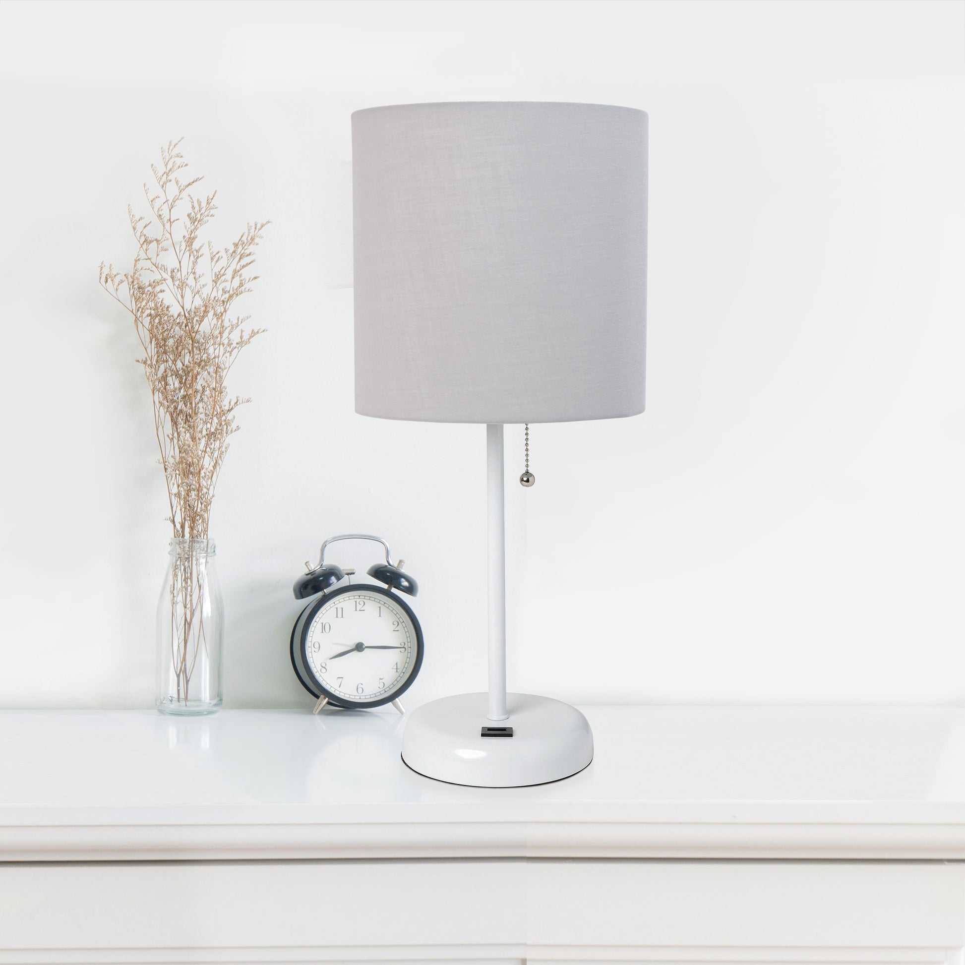All The Rages LimeLights 2-Piece White Stick Lamps With USB Charging Port & Gray Fabric Shades