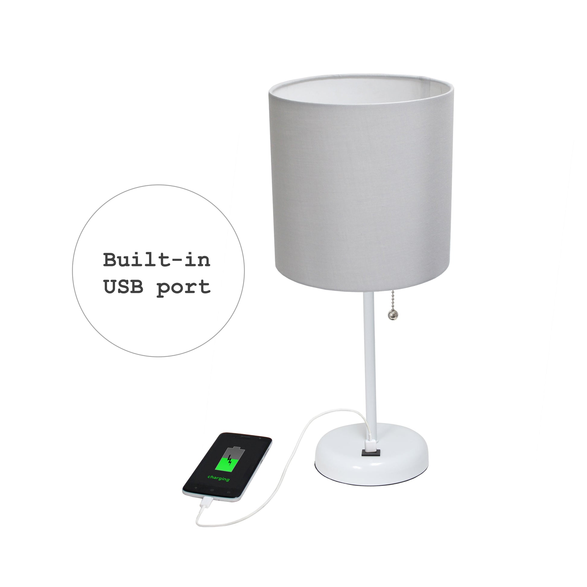 All The Rages LimeLights 2-Piece White Stick Lamps With USB Charging Port & Gray Fabric Shades