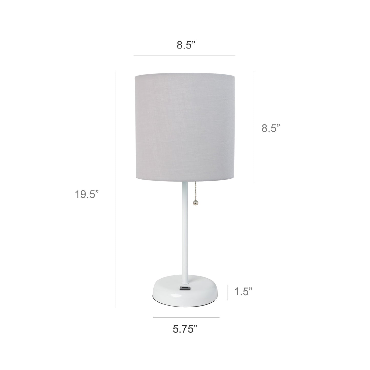 All The Rages LimeLights 2-Piece White Stick Lamps With USB Charging Port & Gray Fabric Shades