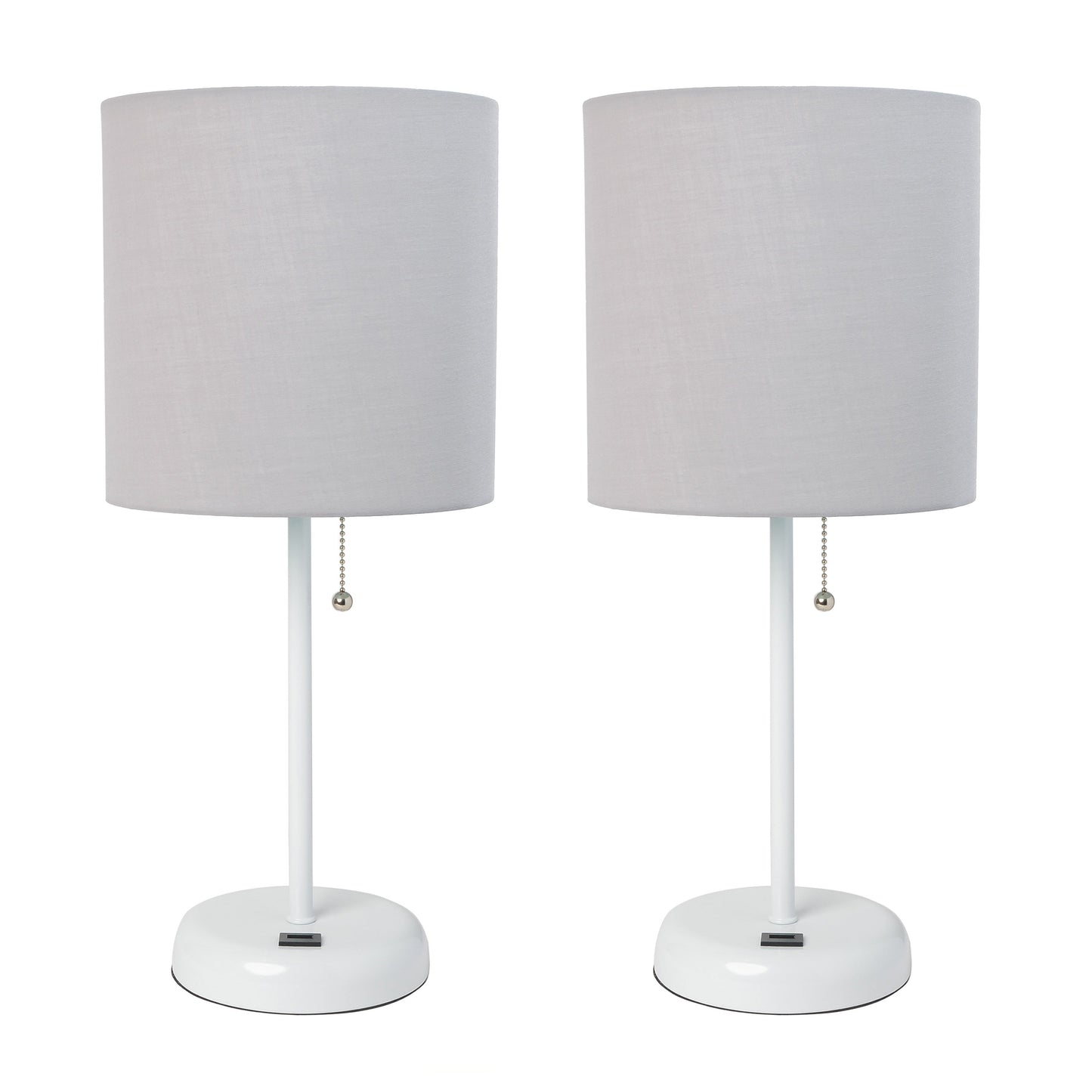 All The Rages LimeLights 2-Piece White Stick Lamps With USB Charging Port & Gray Fabric Shades