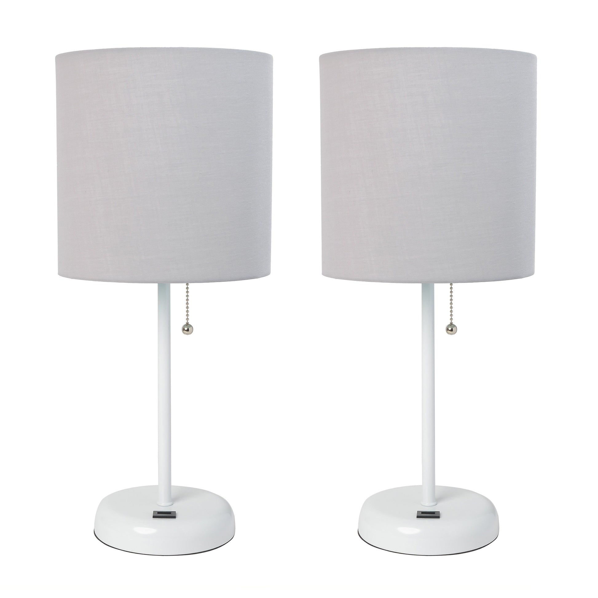 All The Rages LimeLights 2-Piece White Stick Lamps With USB Charging Port & Gray Fabric Shades