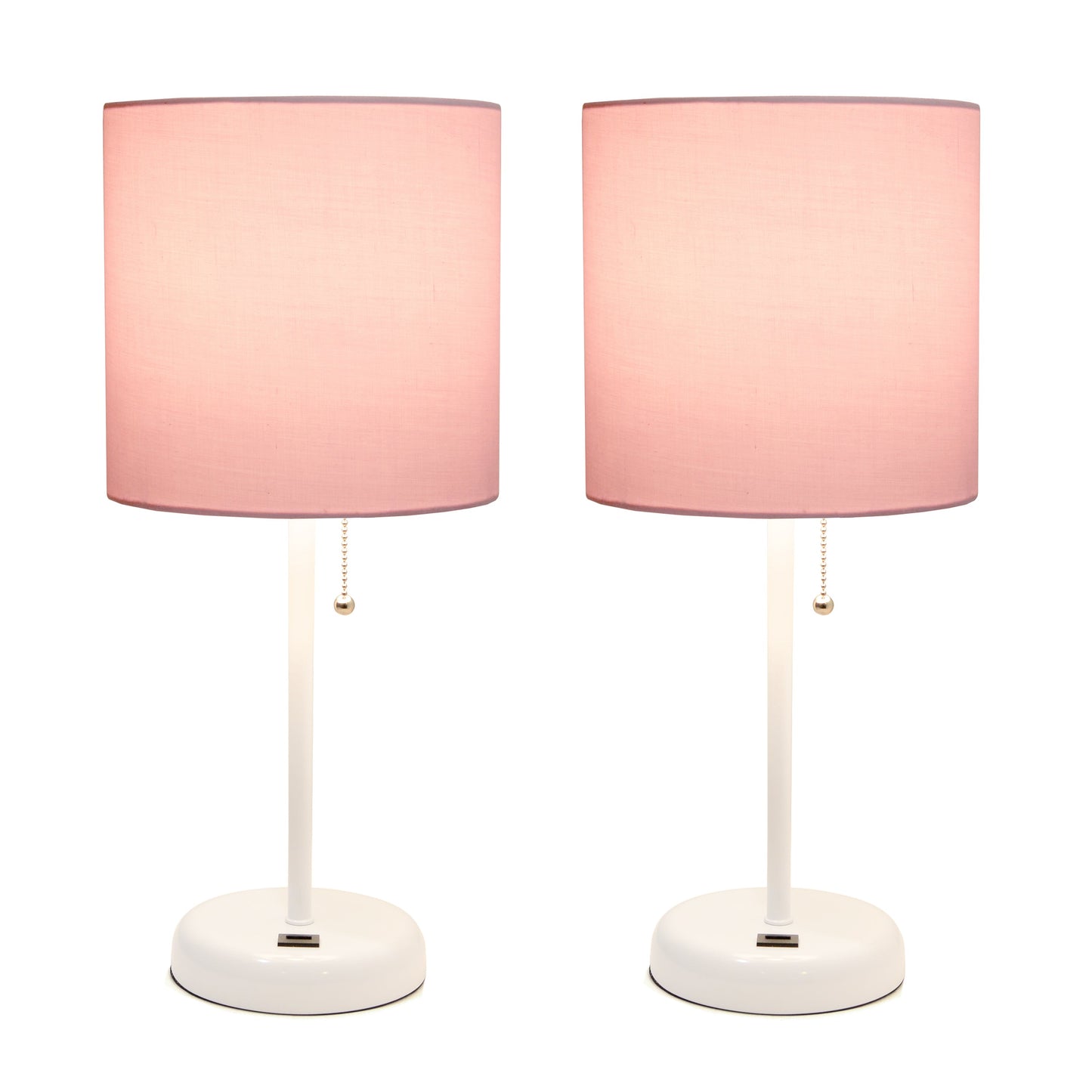 All The Rages LimeLights 2-Piece White Stick Lamps With USB Charging Port & Light Pink Fabric Shades