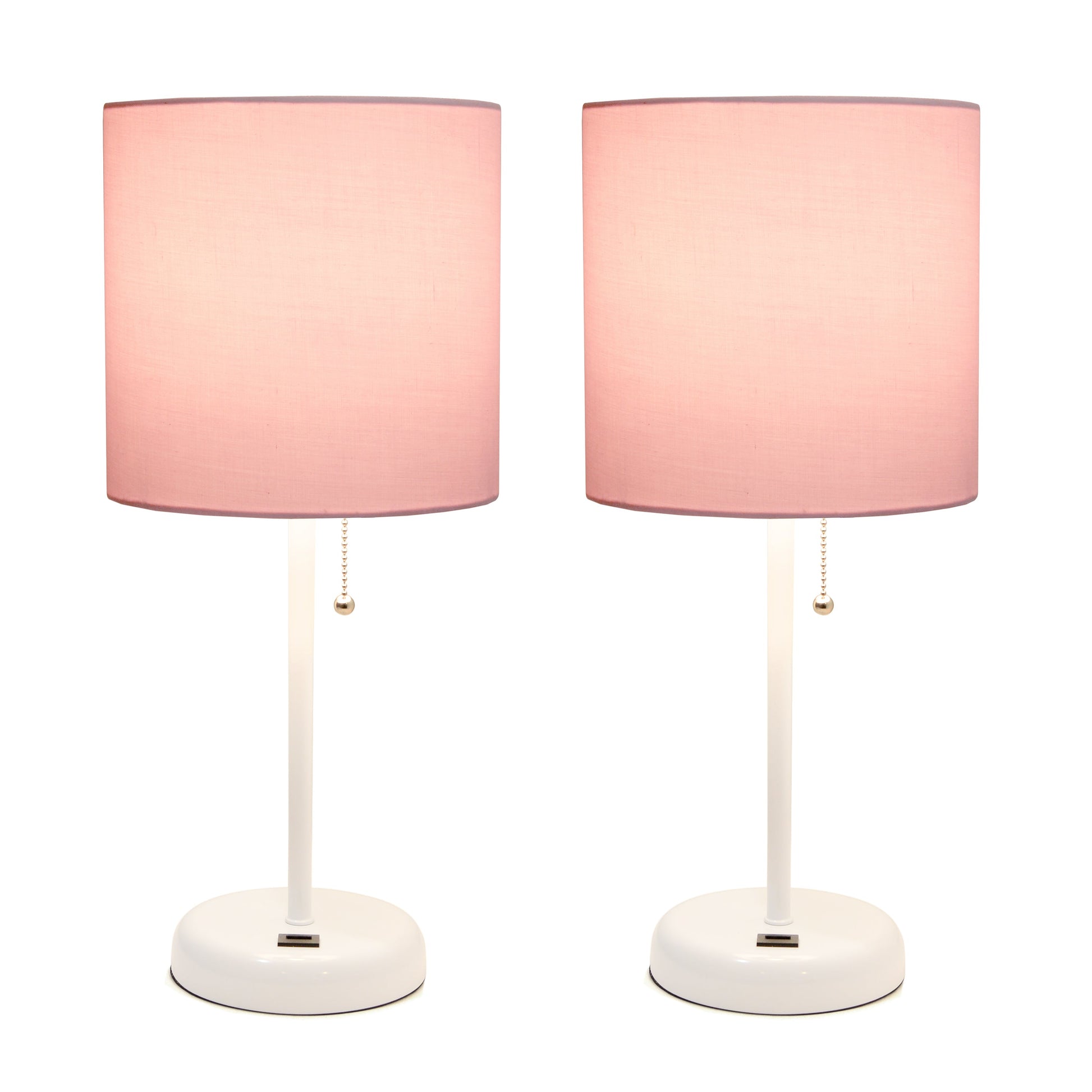 All The Rages LimeLights 2-Piece White Stick Lamps With USB Charging Port & Light Pink Fabric Shades