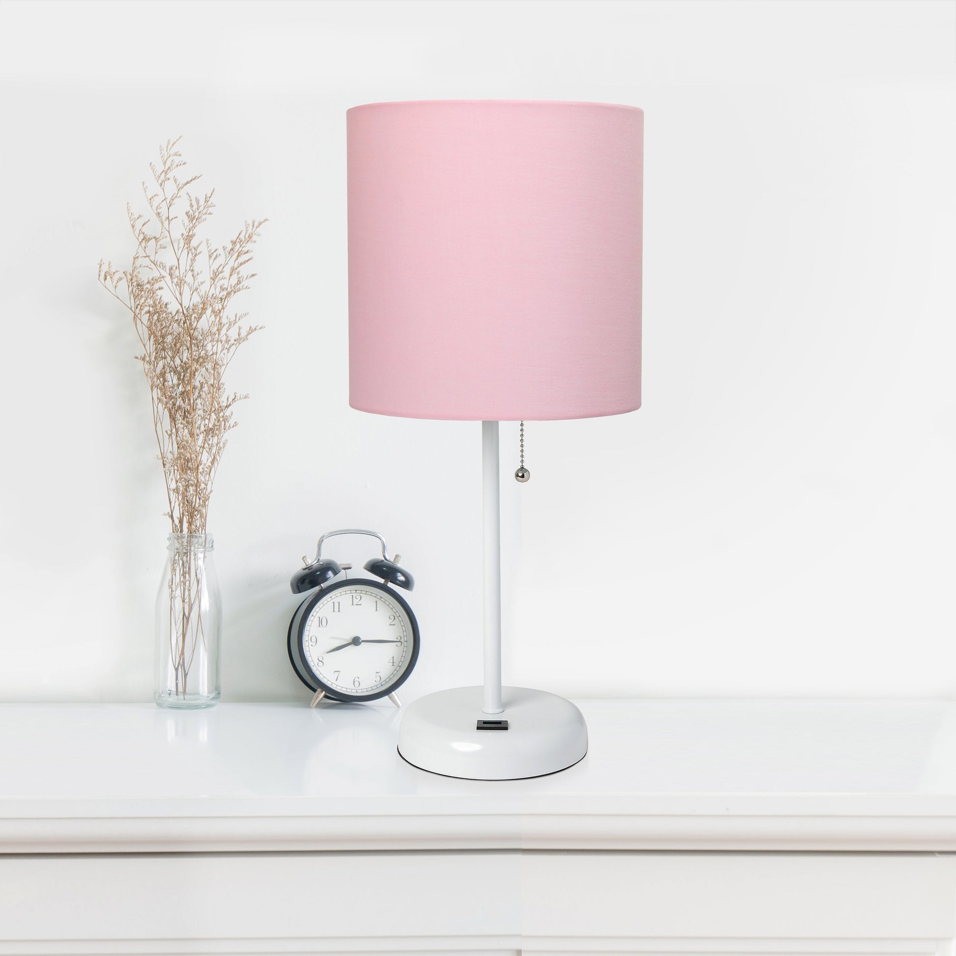 All The Rages LimeLights 2-Piece White Stick Lamps With USB Charging Port & Light Pink Fabric Shades