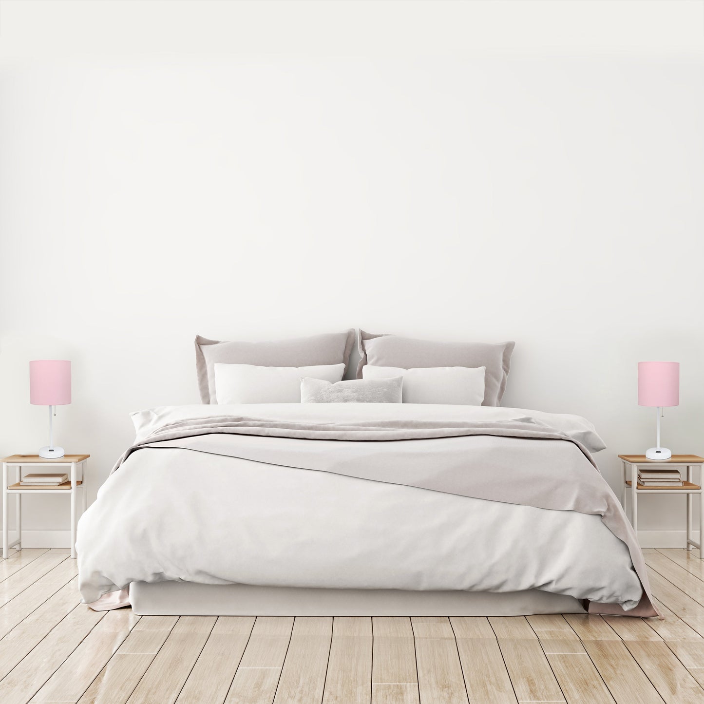 All The Rages LimeLights 2-Piece White Stick Lamps With USB Charging Port & Light Pink Fabric Shades