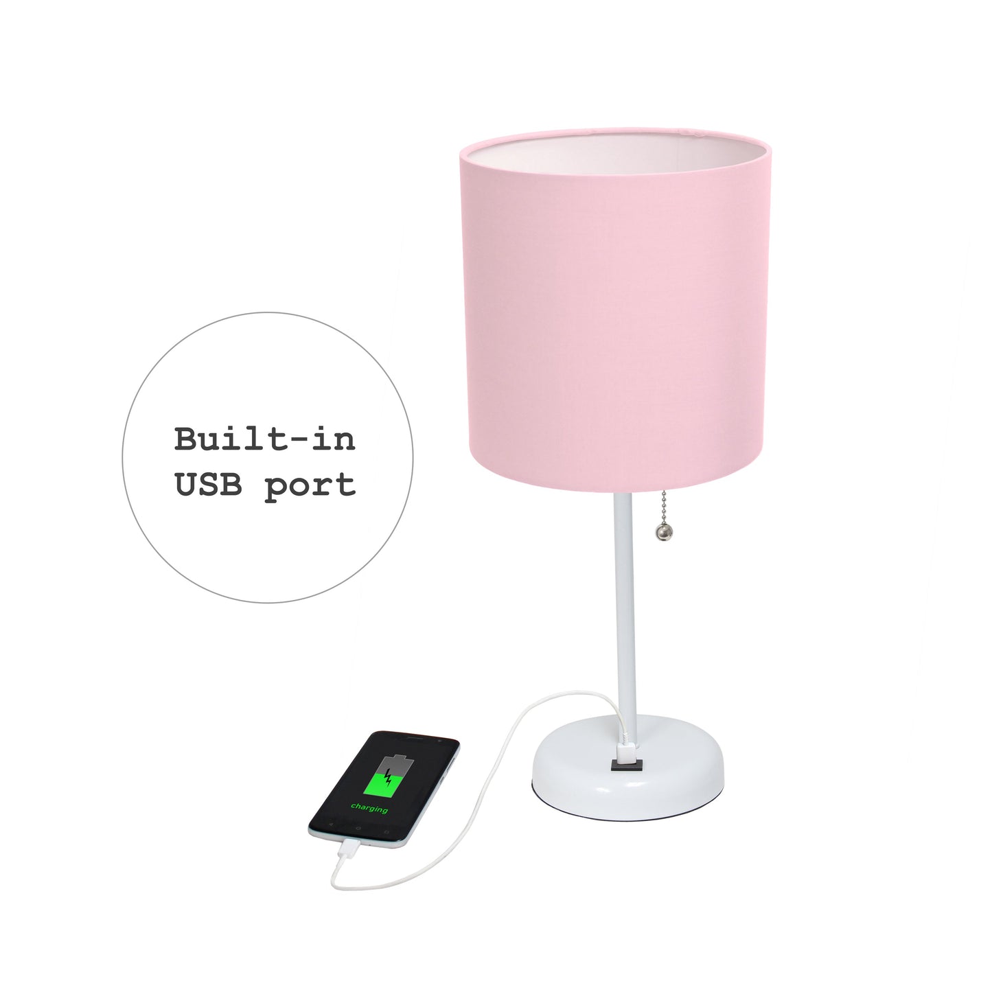 All The Rages LimeLights 2-Piece White Stick Lamps With USB Charging Port & Light Pink Fabric Shades