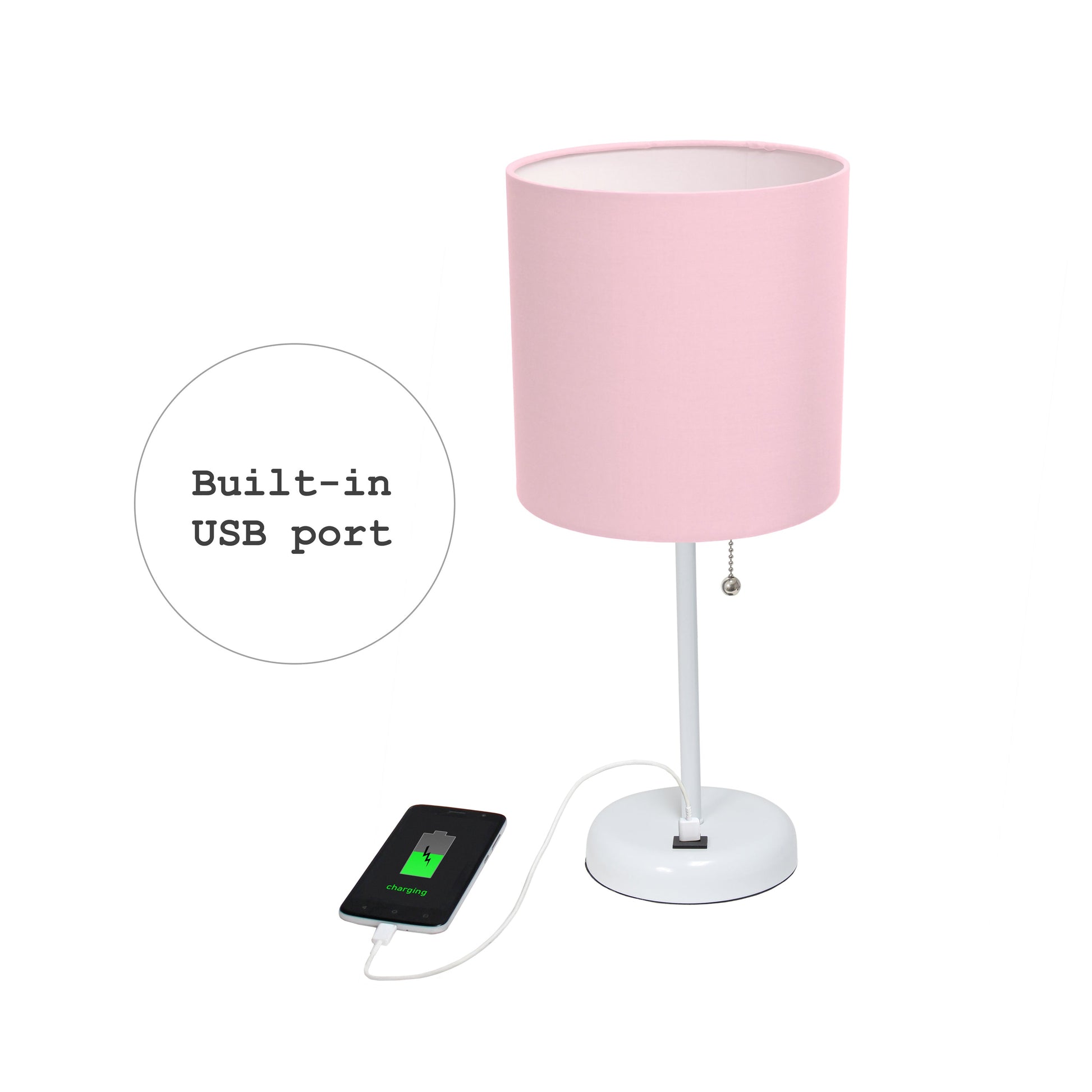 All The Rages LimeLights 2-Piece White Stick Lamps With USB Charging Port & Light Pink Fabric Shades