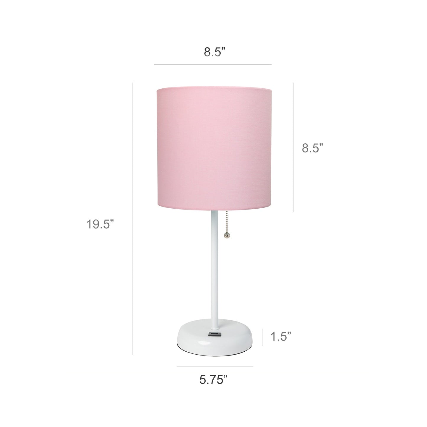 All The Rages LimeLights 2-Piece White Stick Lamps With USB Charging Port & Light Pink Fabric Shades