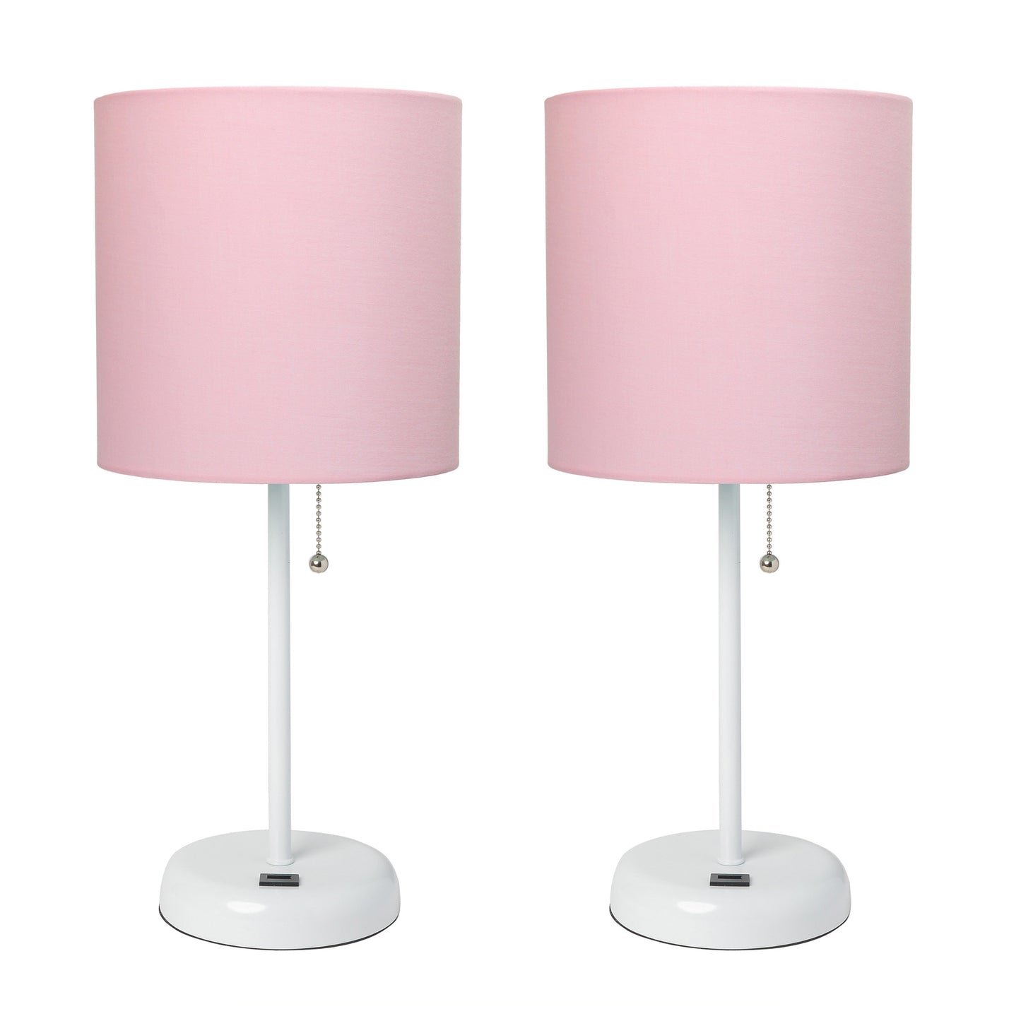 All The Rages LimeLights 2-Piece White Stick Lamps With USB Charging Port & Light Pink Fabric Shades