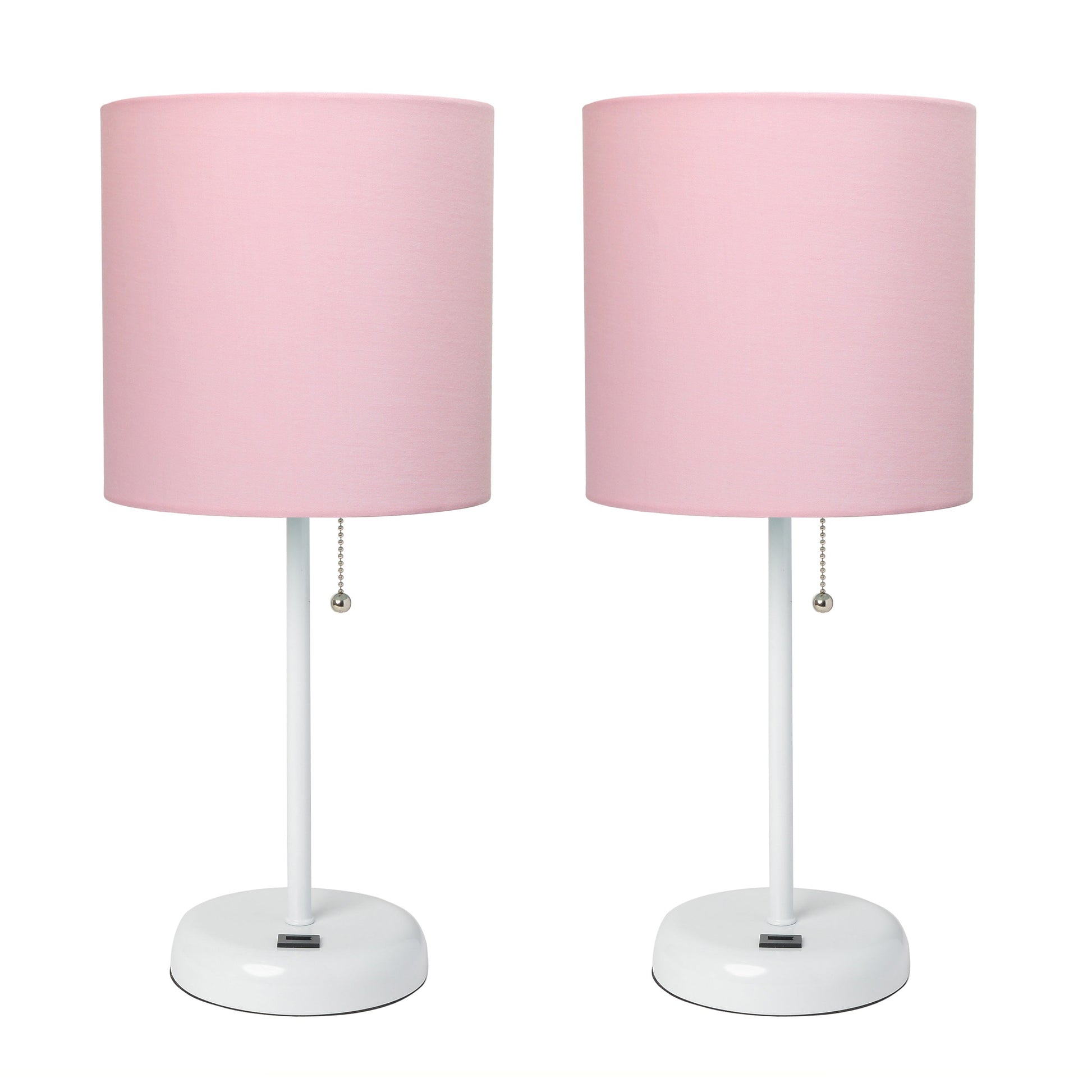 All The Rages LimeLights 2-Piece White Stick Lamps With USB Charging Port & Light Pink Fabric Shades